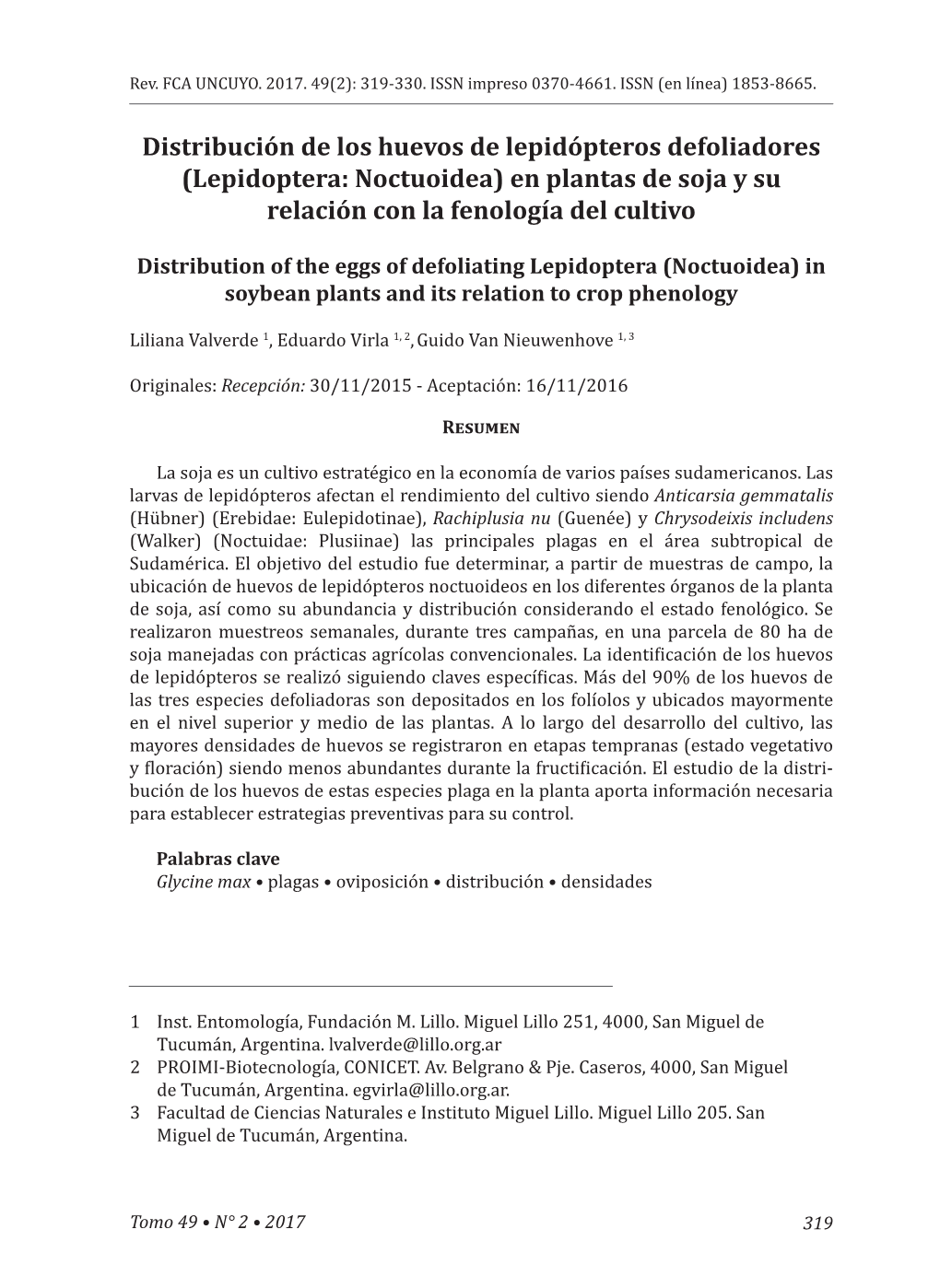 Lepidoptera: Noctuoidea) En Plantas De Soja Y Su Relación Con La Fenología Del Cultivo