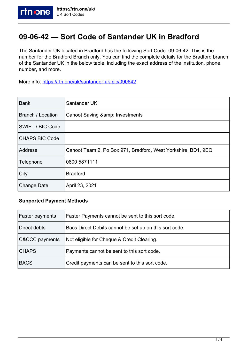 Sort Code 090642 of Santander UK in Bradford