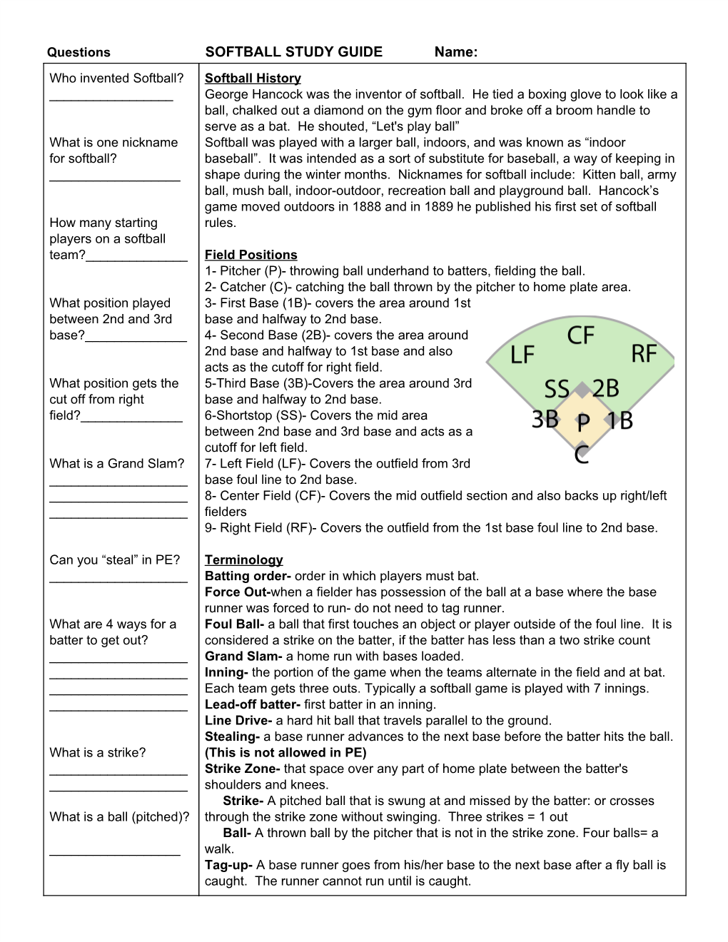 ​SOFTBALL STUDY GUIDE Name