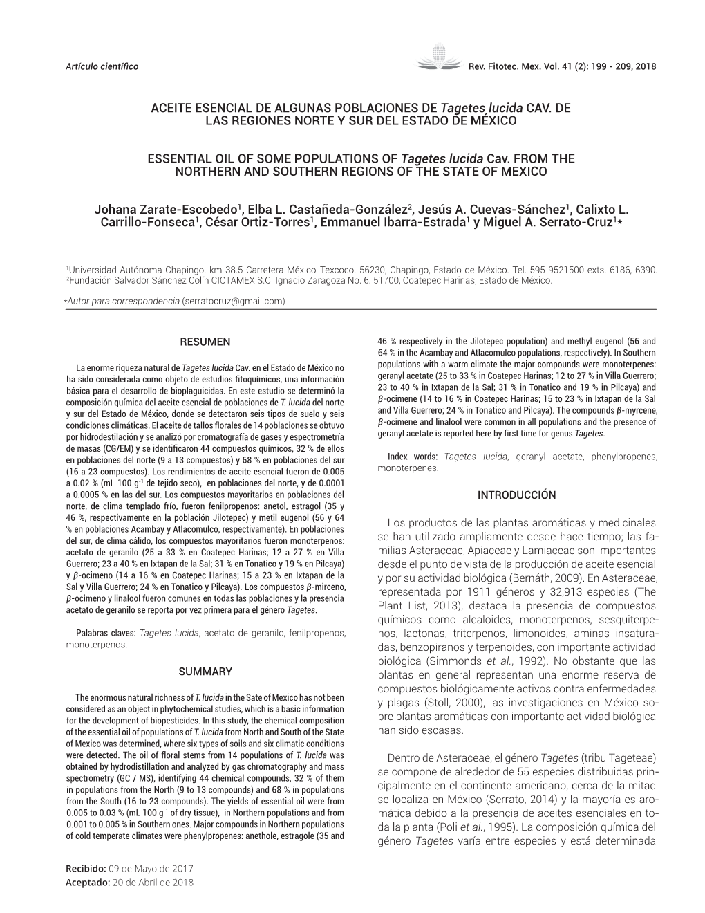 ACEITE ESENCIAL DE ALGUNAS POBLACIONES DE Tagetes Lucida CAV. DE LAS REGIONES NORTE Y SUR DEL ESTADO DE MÉXICO ESSENTIAL OIL OF