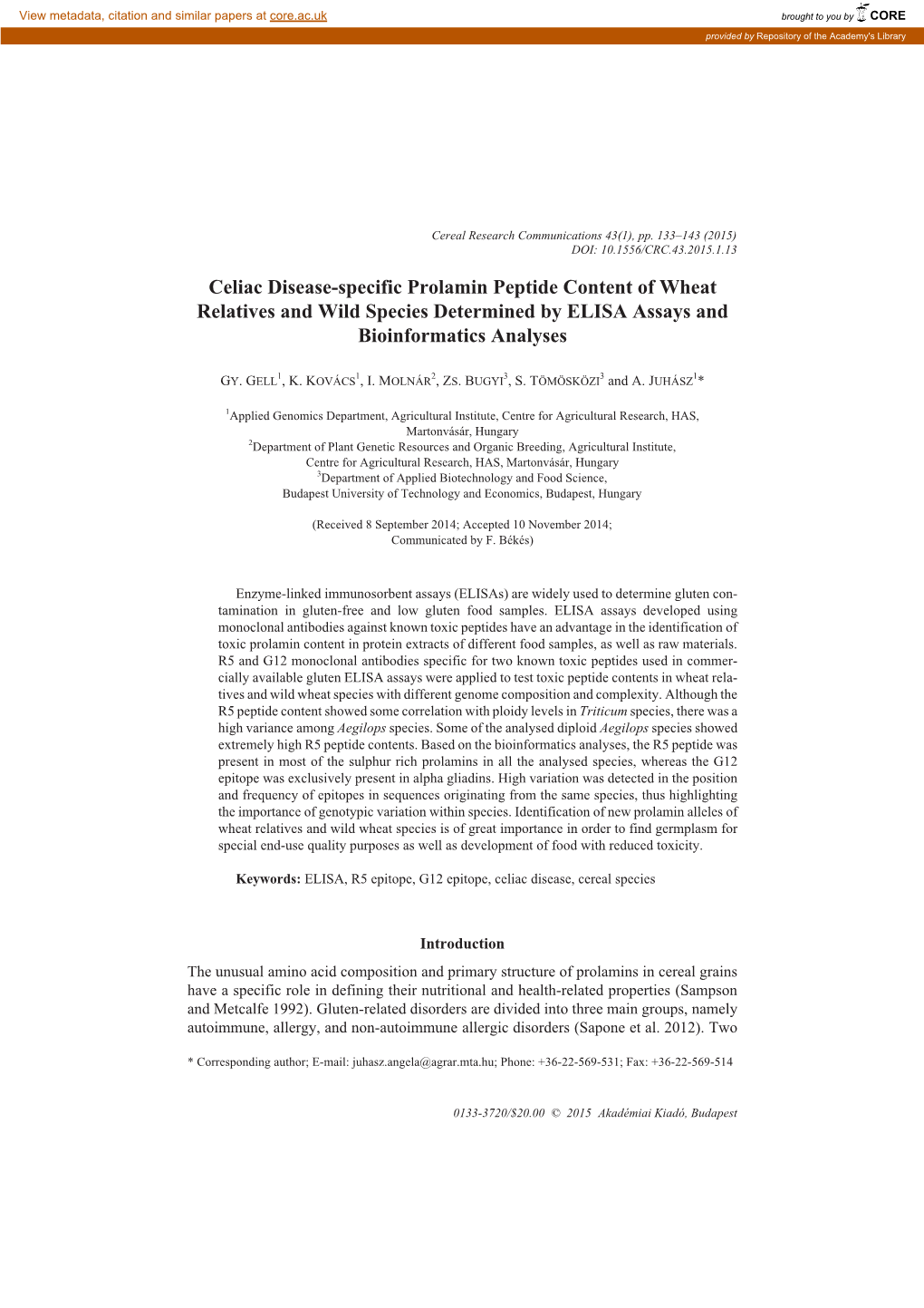 Celiac Disease-Specific Prolamin Peptide Content of Wheat Relatives and Wild Species Determined by ELISA Assays and Bioinformatics Analyses