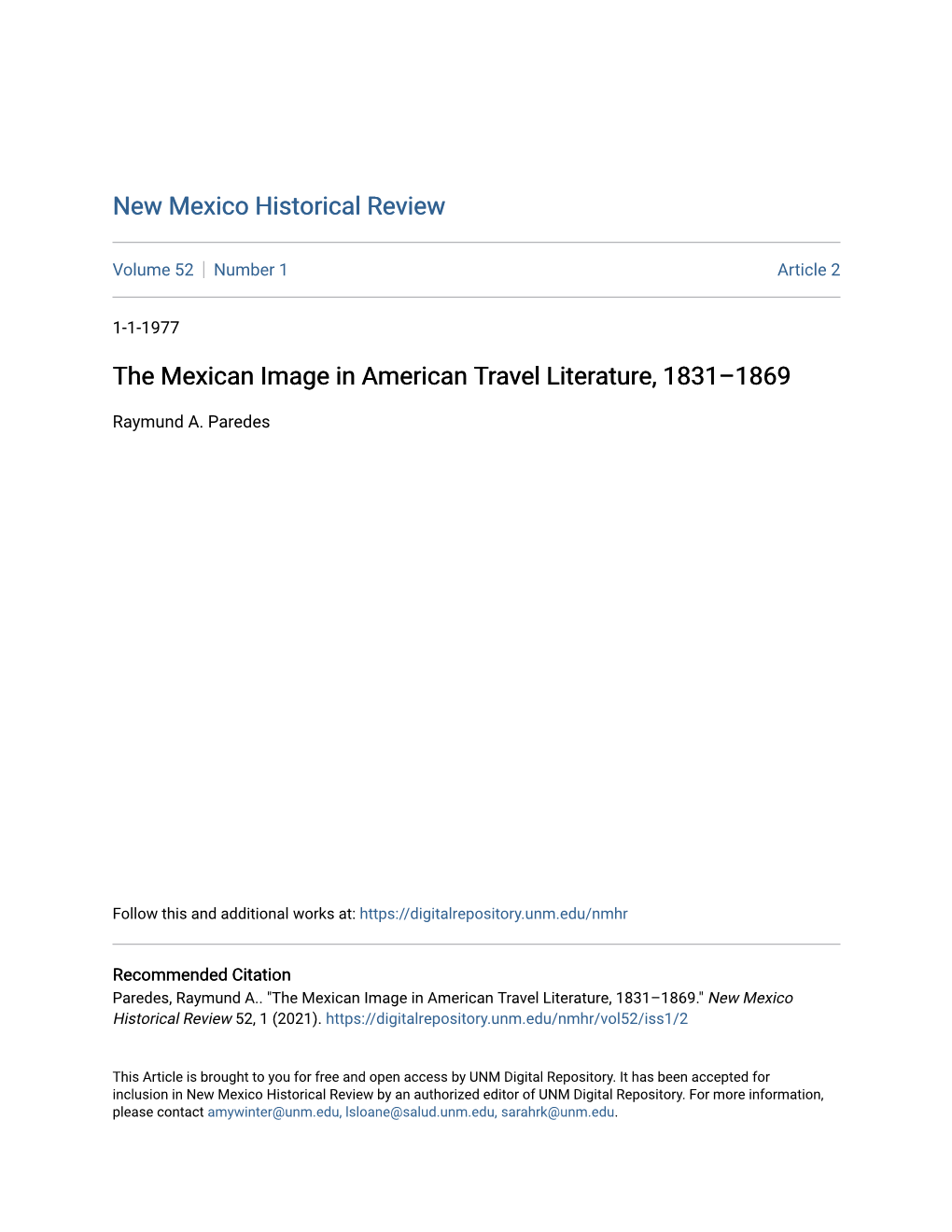 The Mexican Image in American Travel Literature, 1831Â•Fi1869