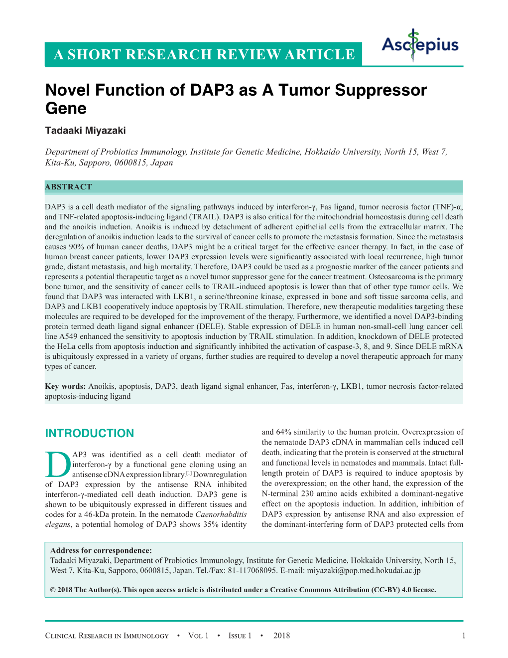 Novel Function of DAP3 As a Tumor Suppressor Gene Tadaaki Miyazaki