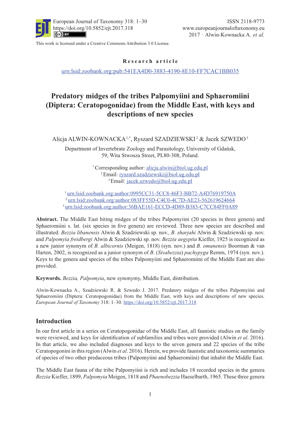 Predatory Midges of the Tribes Palpomyiini and Sphaeromiini (Diptera: Ceratopogonidae) from the Middle East, with Keys and Descriptions of New Species