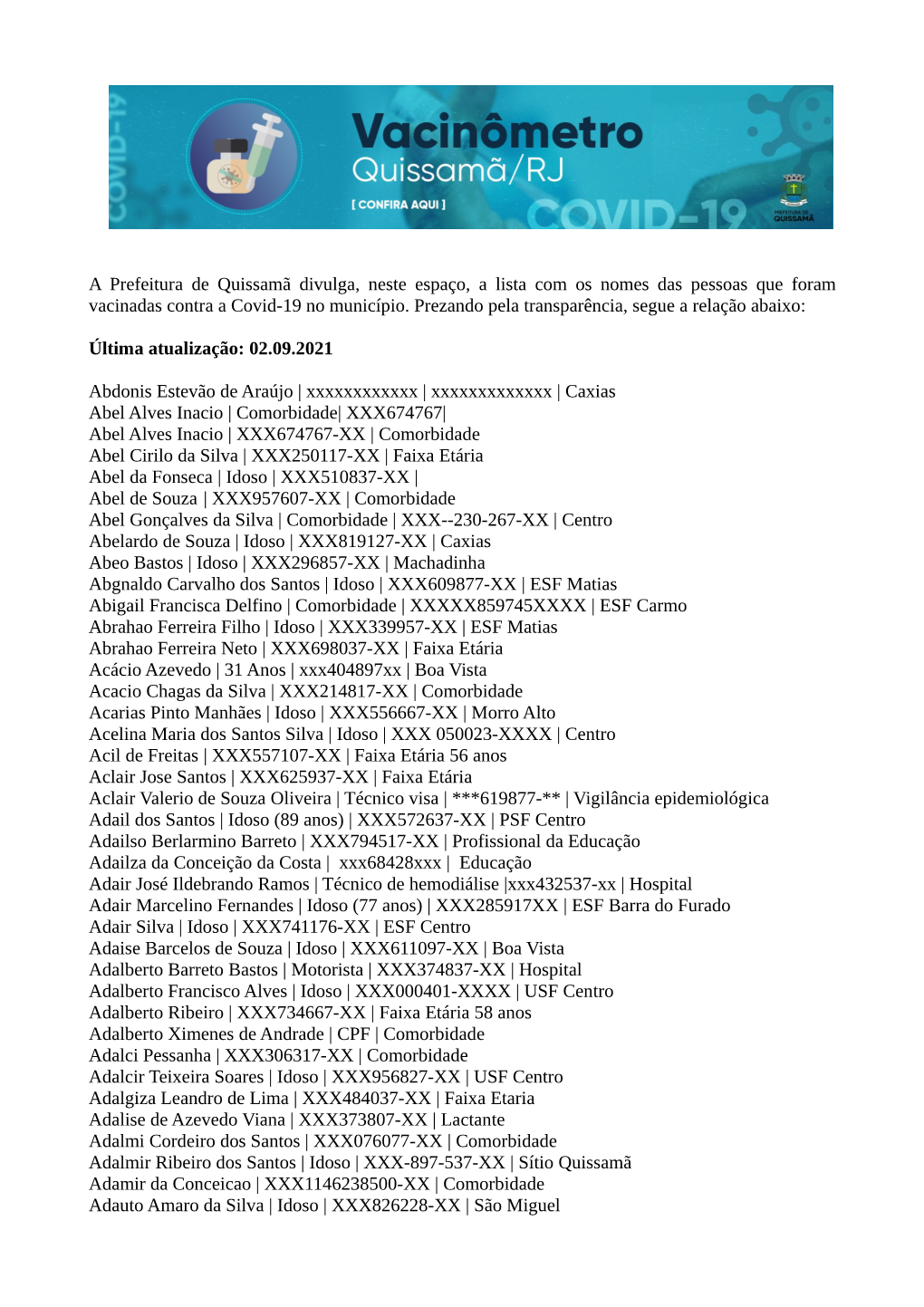 A Prefeitura De Quissamã Divulga, Neste Espaço, a Lista Com Os Nomes Das Pessoas Que Foram Vacinadas Contra a Covid-19 No Município