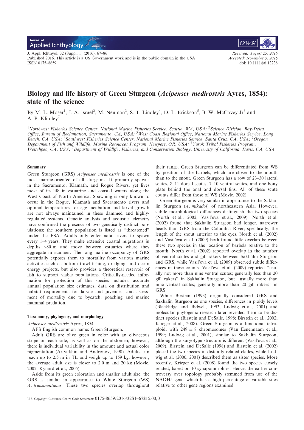 Biology and Life History of Green Sturgeon (Acipenser Medirostris Ayres, 1854): State of the Science by M