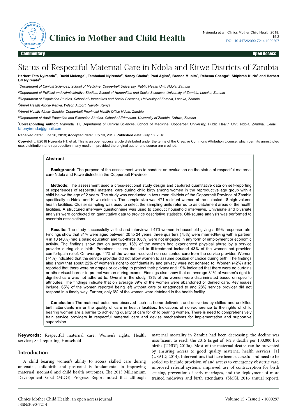 Status of Respectful Maternal Care in Ndola and Kitwe Districts of Zambia