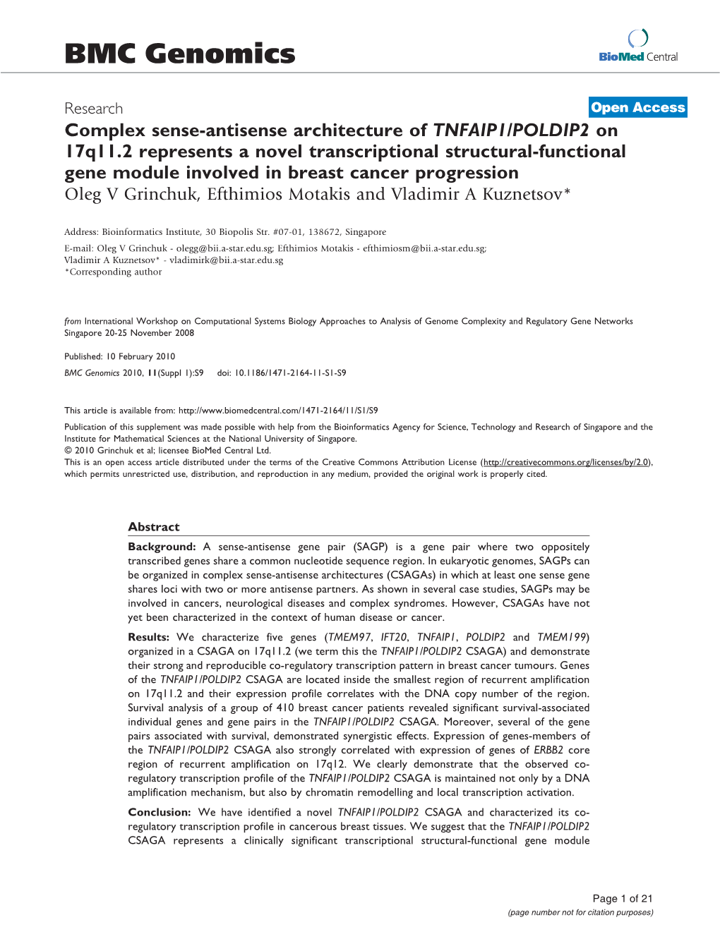 Complex Sense-Antisense Architecture of TNFAIP1/POLDIP2 on 17Q11. 2