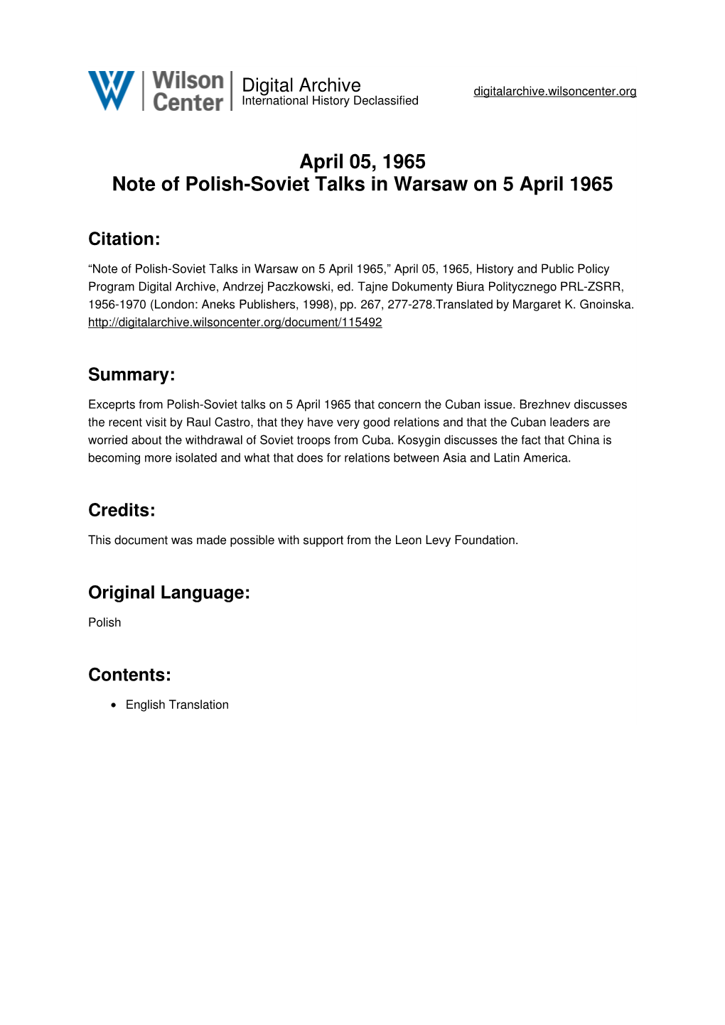 April 05, 1965 Note of Polish-Soviet Talks in Warsaw on 5 April 1965