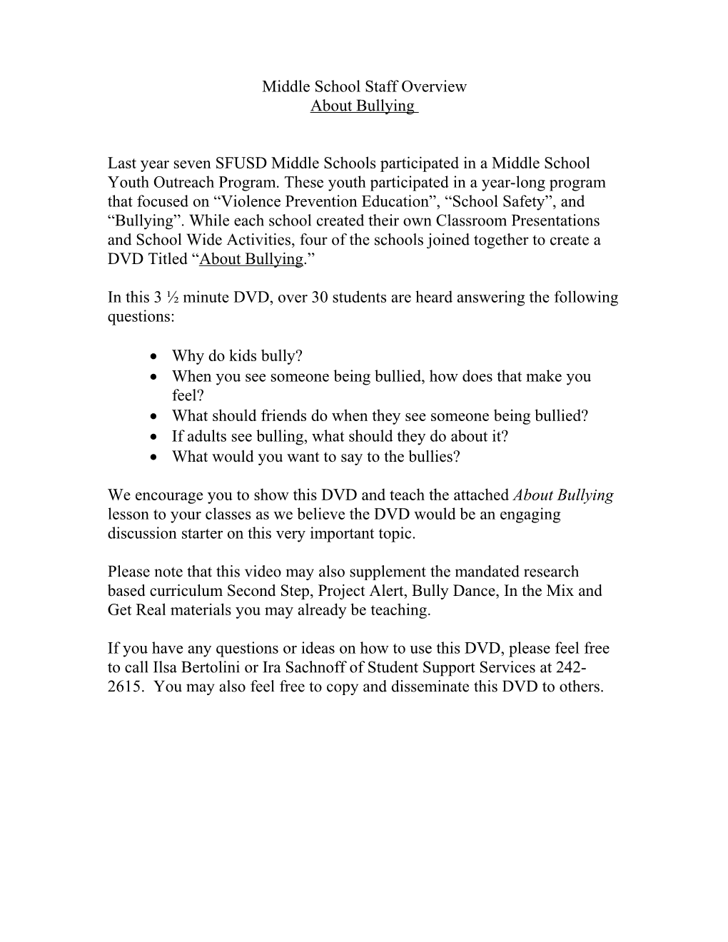 Middle School Staff Overview