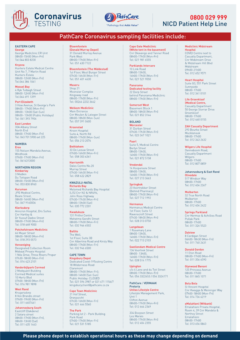 Coronavirus 0800 029 999 TESTING “Pathology That Adds Value” NICD Patient Help Line
