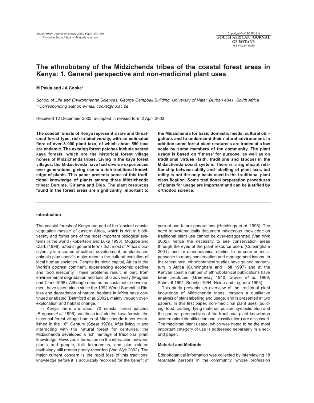 The Ethnobotany of the Midzichenda Tribes of the Coastal Forest Areas in Kenya: 1