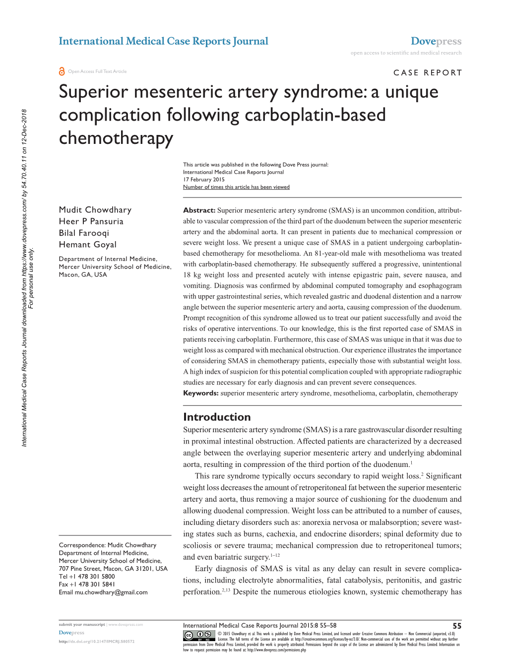 Superior Mesenteric Artery Syndrome: a Unique Complication Following Carboplatin-Based Chemotherapy