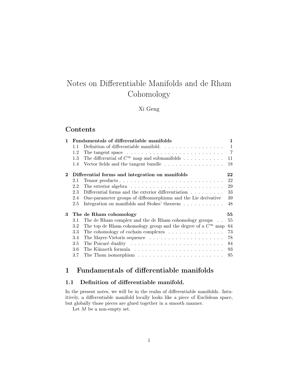 Notes on Differentiable Manifolds and De Rham Cohomology