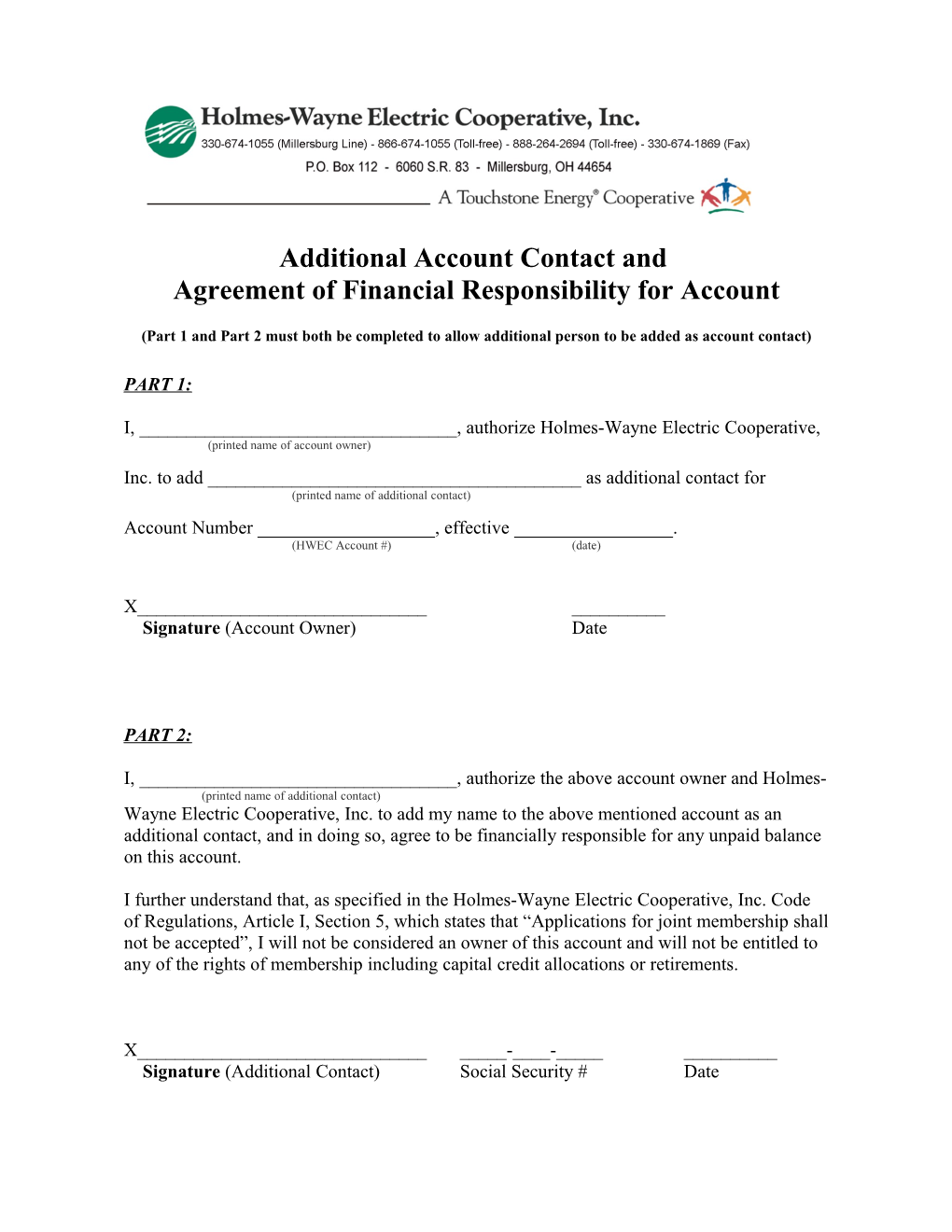 Additional Account Contact and Agreement of Financial Responsibility for Account