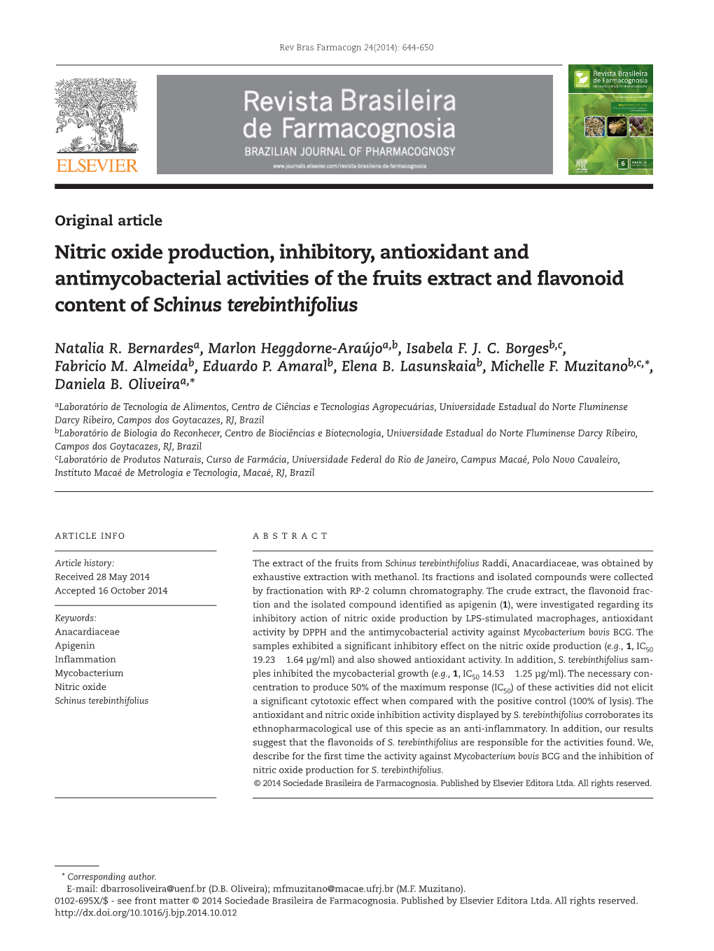 Nitric Oxide Production, Inhibitory, Antioxidant and Antimycobacterial Activities of the Fruits Extract and Flavonoid Content of Schinus Terebinthifolius