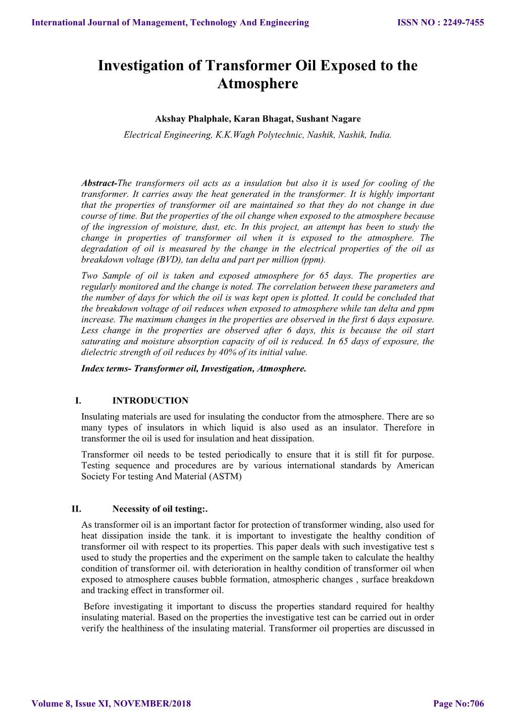 Investigation of Transformer Oil Exposed to the Atmosphere