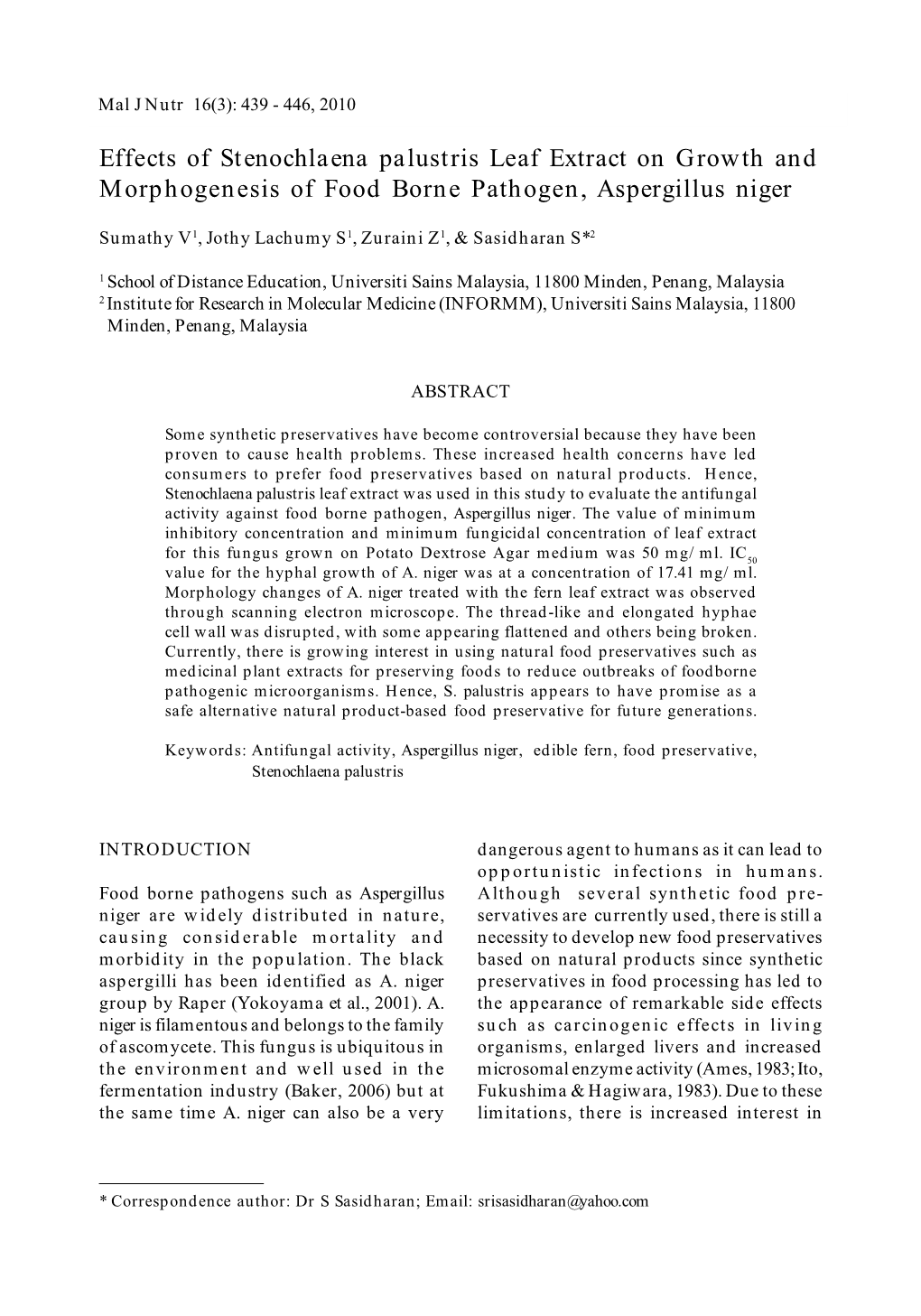 Effects of Stenochlaena Palustris Leaf Extract on Growth and Morphogenesis of Food Borne Pathogen, Aspergillus Niger