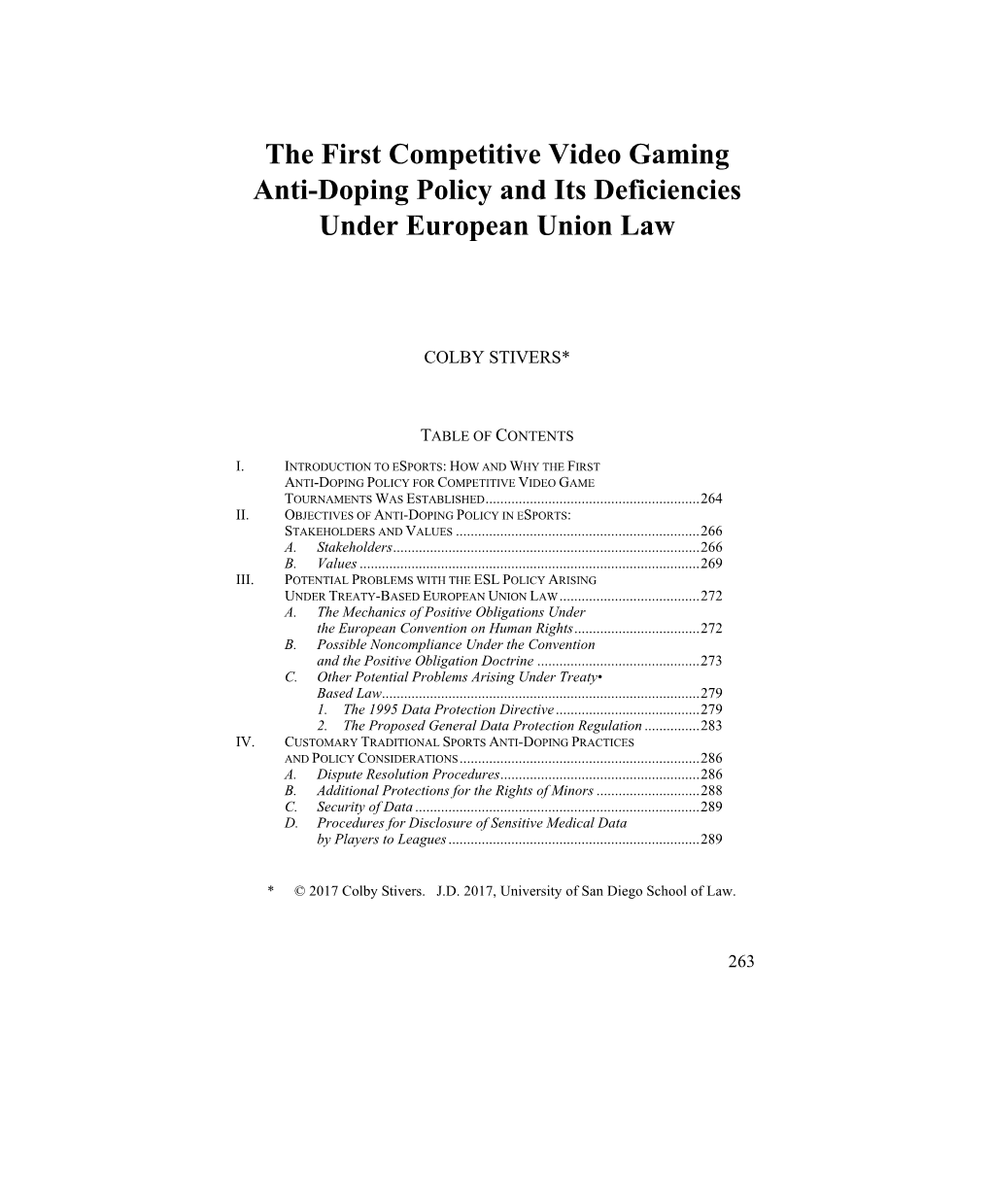 The First Competitive Video Gaming Anti-Doping Policy and Its Deficiencies Under European Union Law