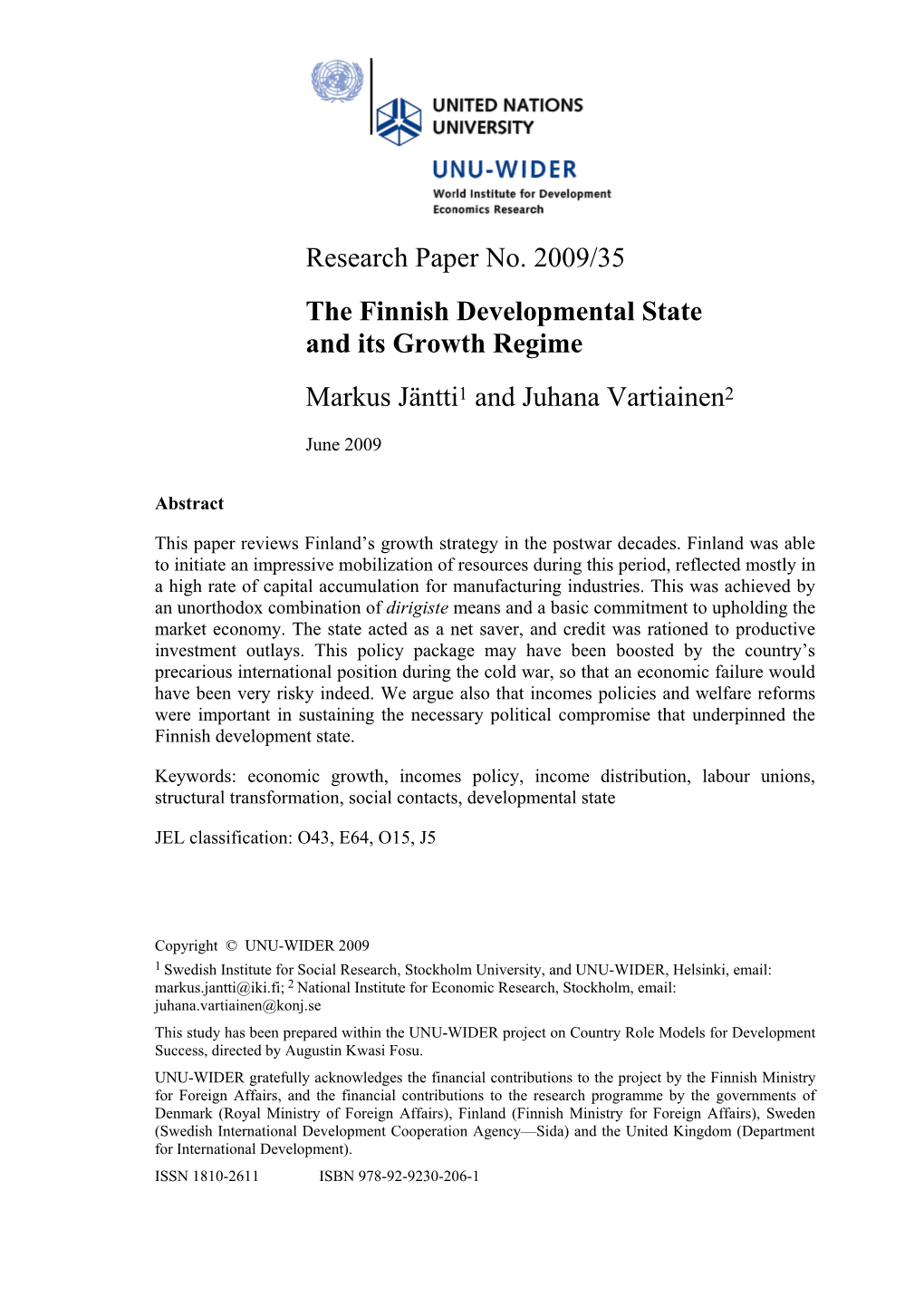 Research Paper No. 2009/35 the Finnish Developmental State And