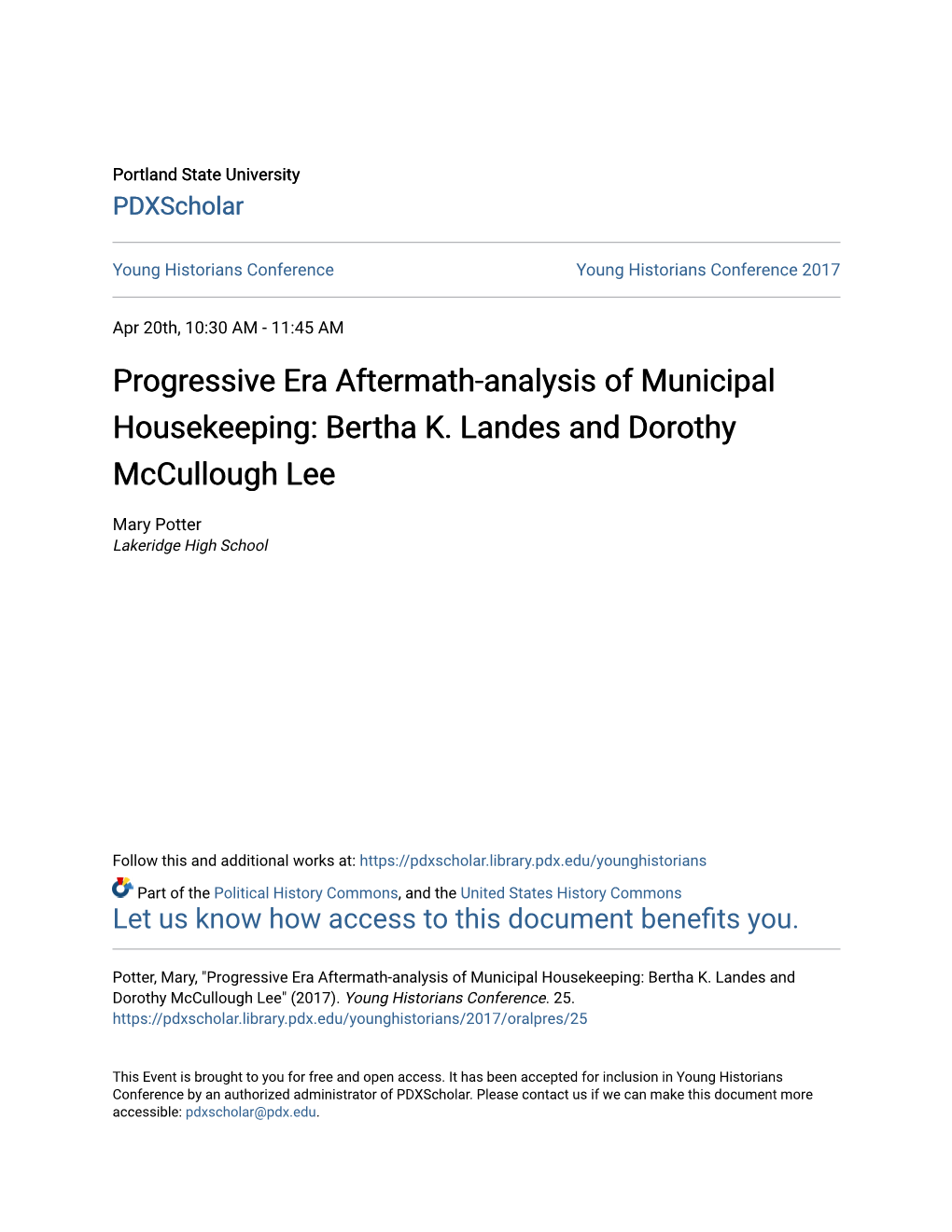 Progressive Era Aftermath-Analysis of Municipal Housekeeping: Bertha K