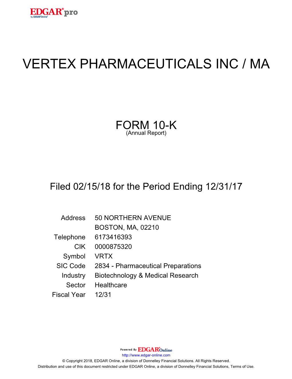 Vertex Pharmaceuticals Inc / Ma