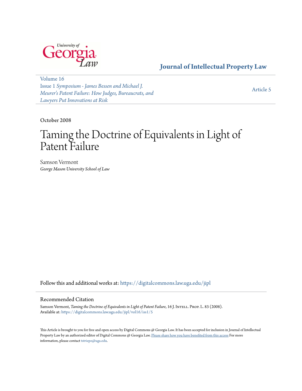 Taming the Doctrine of Equivalents in Light of Patent Failure Samson Vermont George Mason University School of Law