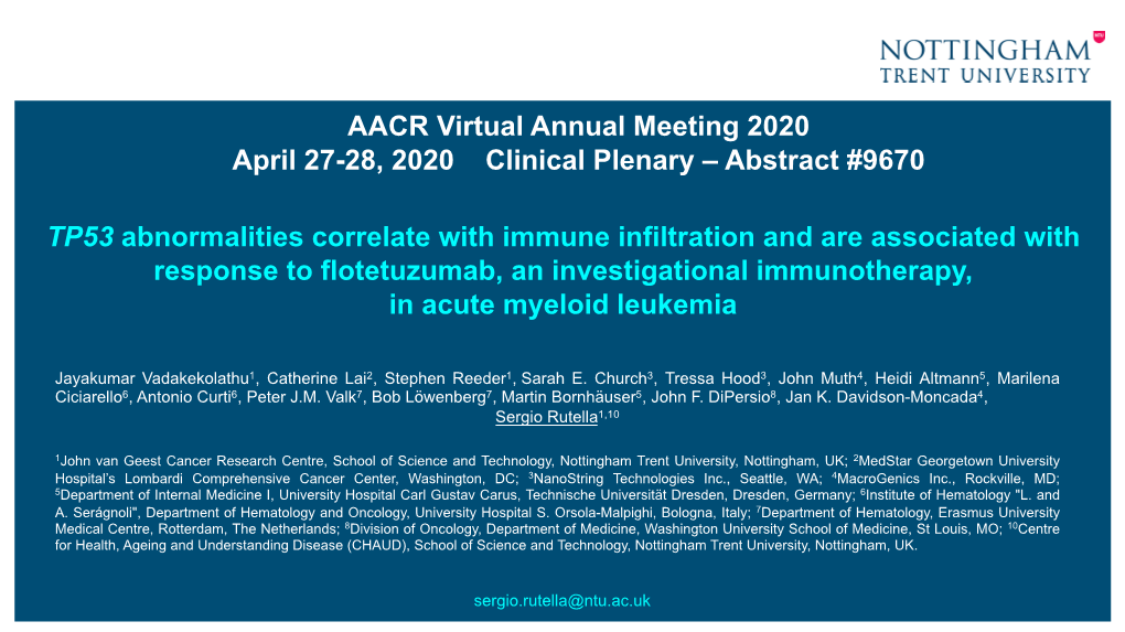 TP53 Abnormalities Correlate with Immune Infiltration and Are Associated with Response to Flotetuzumab, an Investigational Immunotherapy, in Acute Myeloid Leukemia