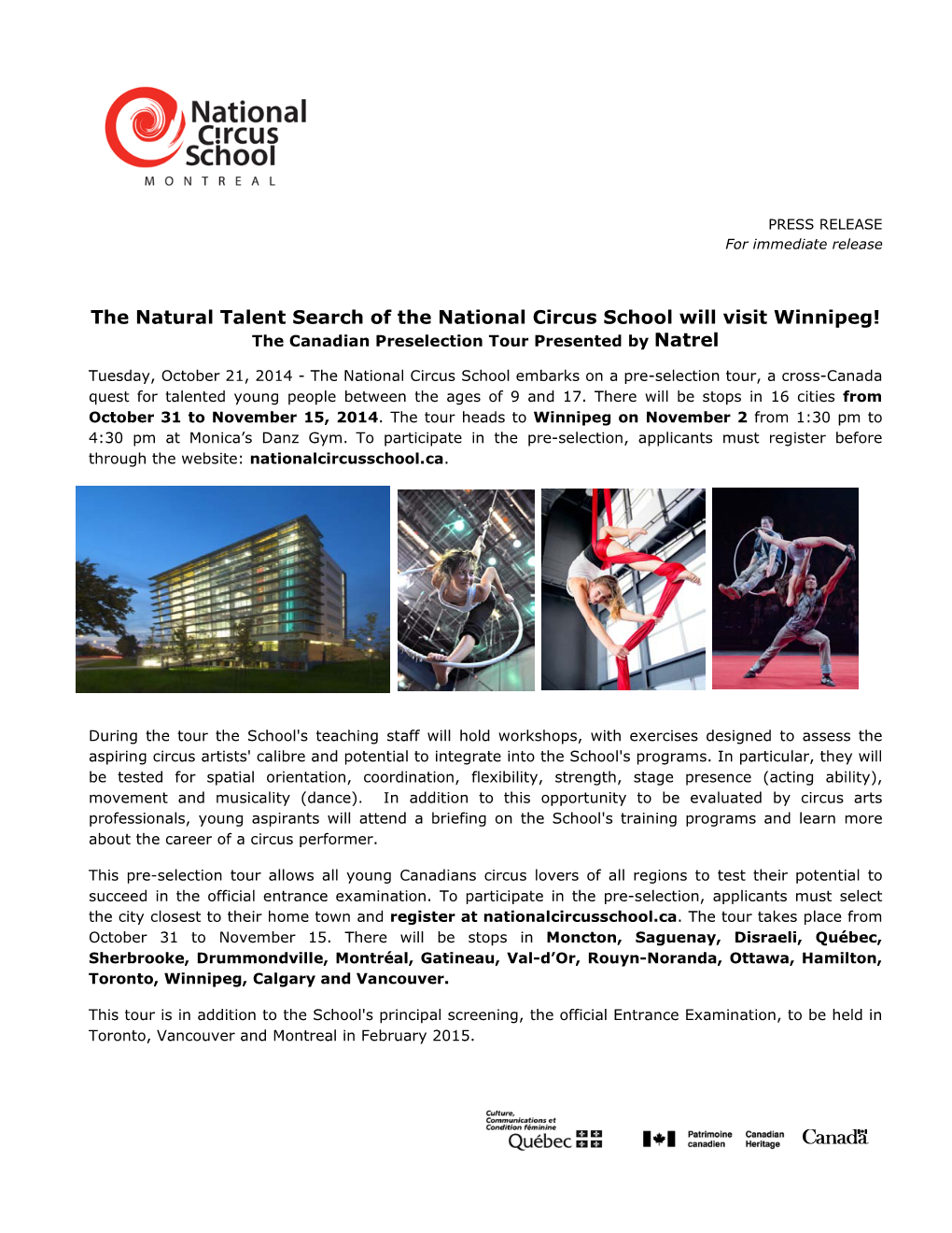 The Natural Talent Search of the National Circus School Will Visit Winnipeg! the Canadian Preselection Tour Presented by Natrel