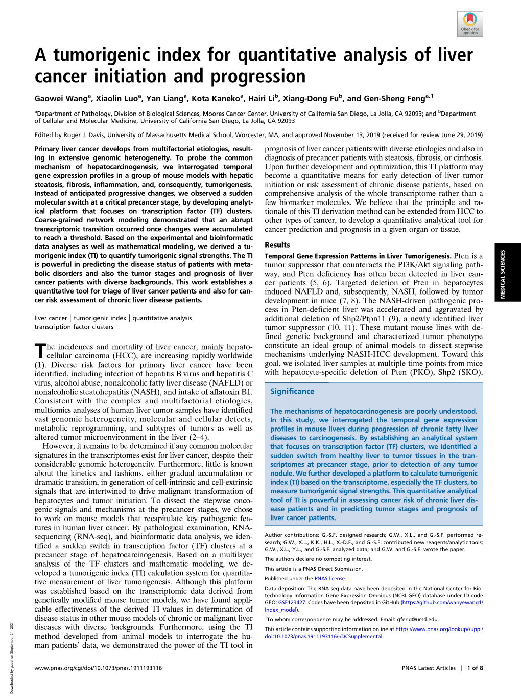 A Tumorigenic Index for Quantitative Analysis of Liver Cancer Initiation and Progression