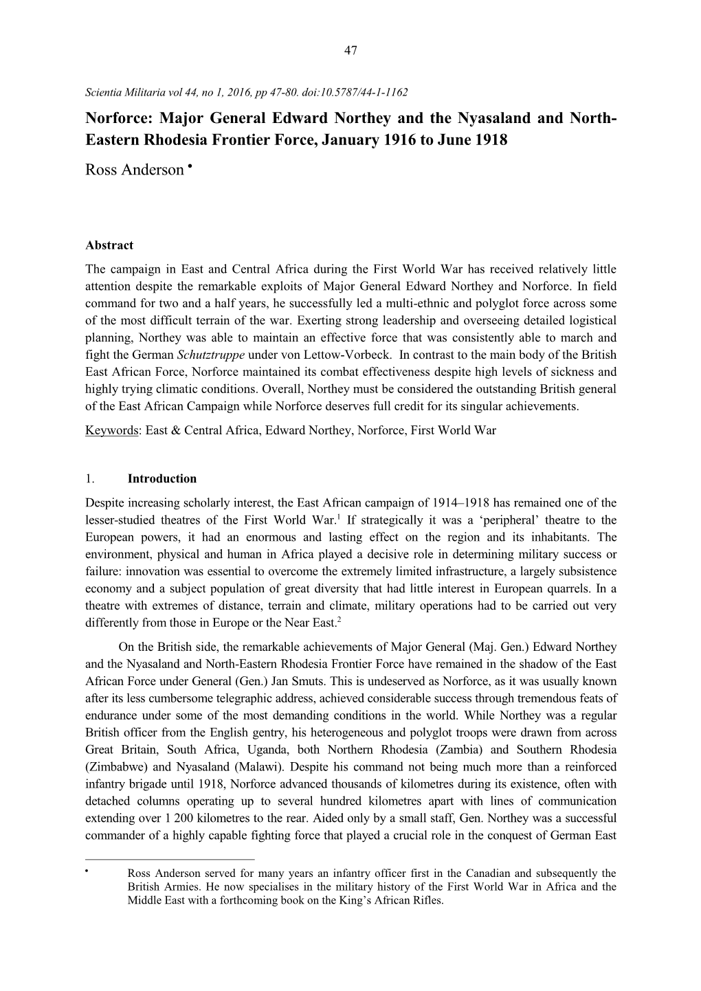 Norforce: Major General Edward Northey and the Nyasaland and North- Eastern Rhodesia Frontier Force, January 1916 to June 1918 Ross Anderson 