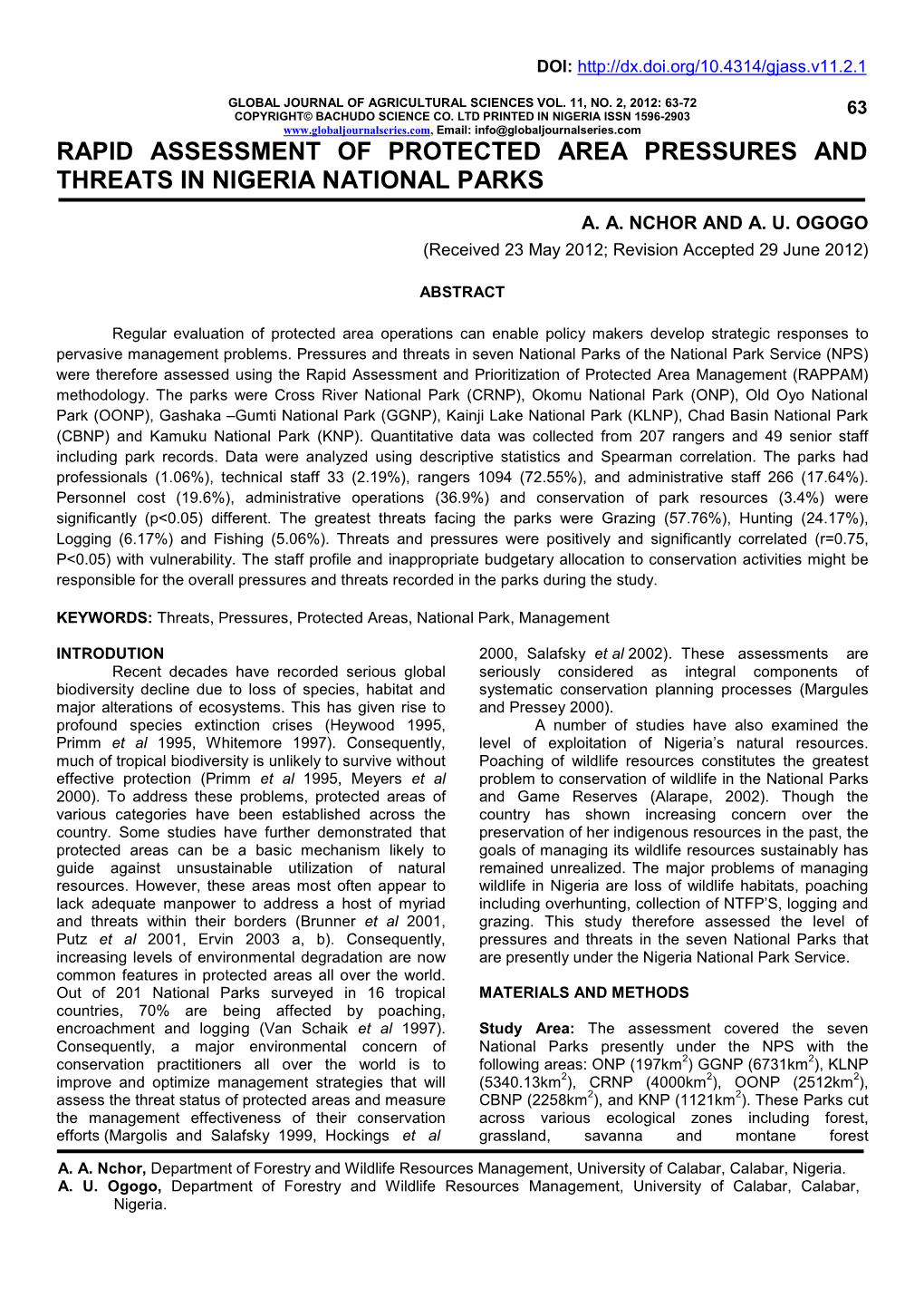 Rapid Assessment of Protected Area Pressures and Threats in Nigeria National Parks