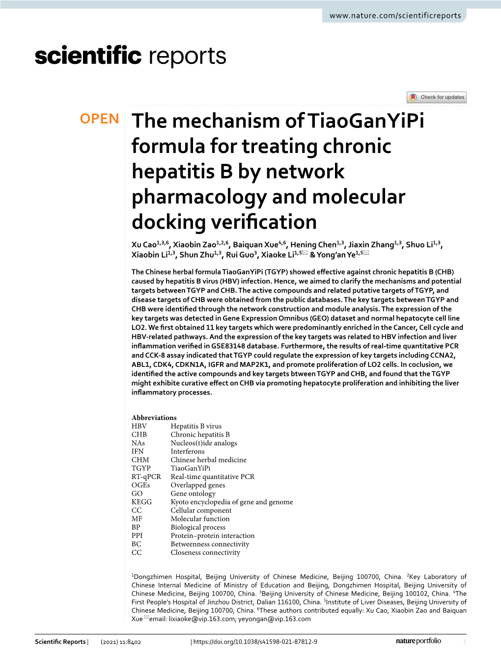 The Mechanism of Tiaoganyipi Formula for Treating Chronic Hepatitis