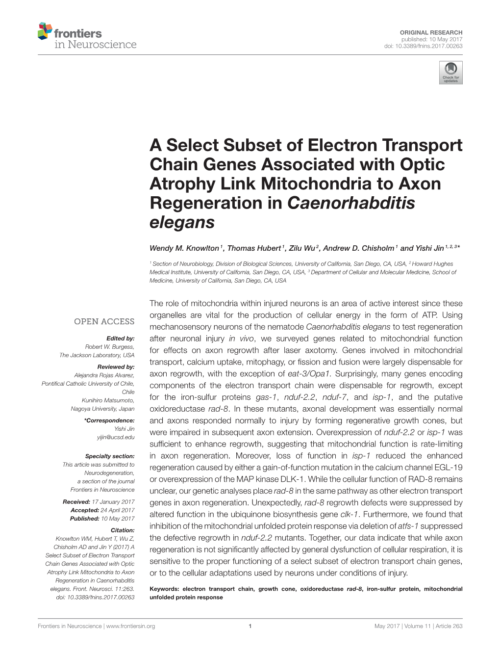 A Select Subset of Electron Transport Chain Genes Associated with Optic Atrophy Link Mitochondria to Axon Regeneration in Caenorhabditis Elegans