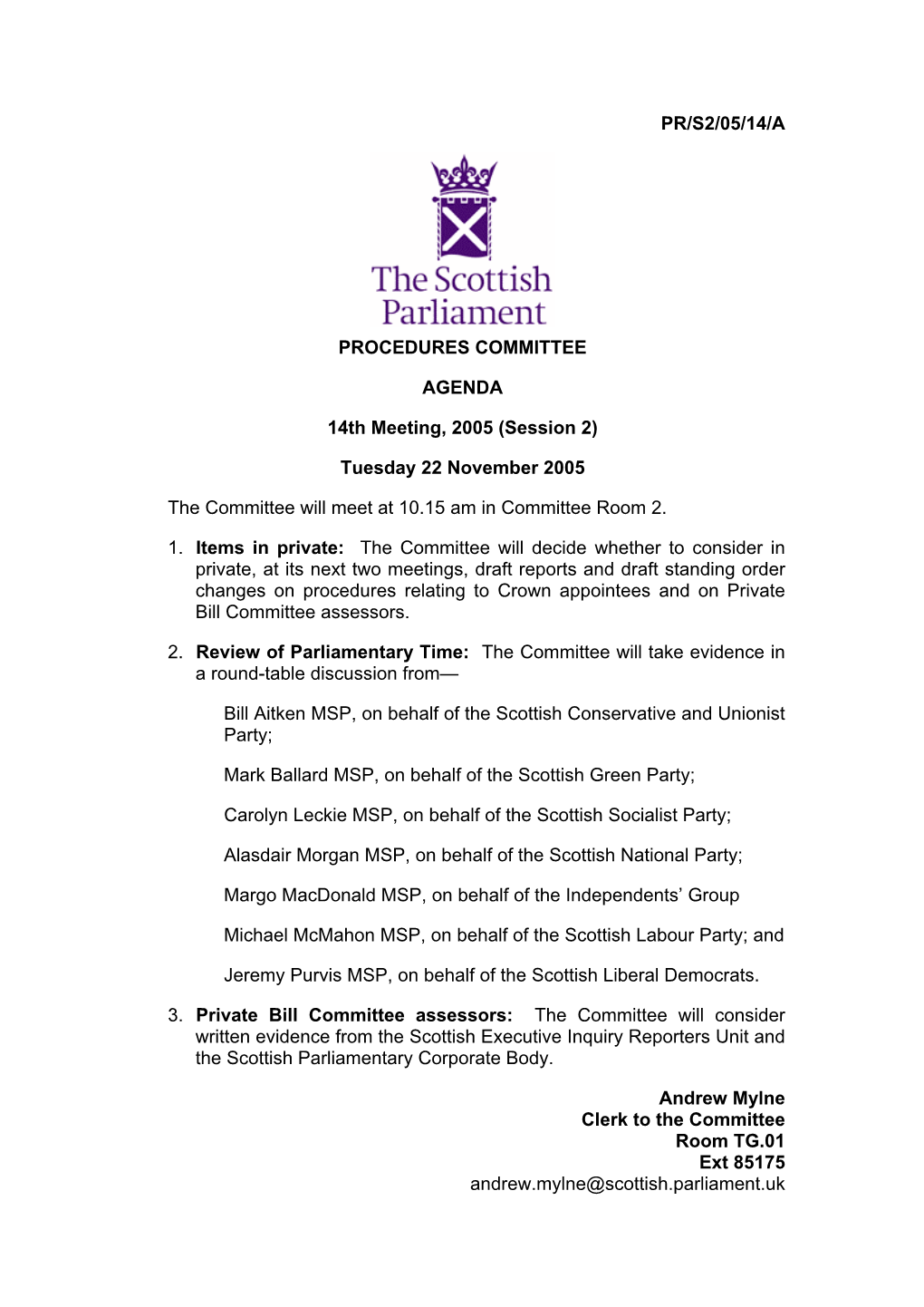 PR/S2/05/14/A PROCEDURES COMMITTEE AGENDA 14Th Meeting