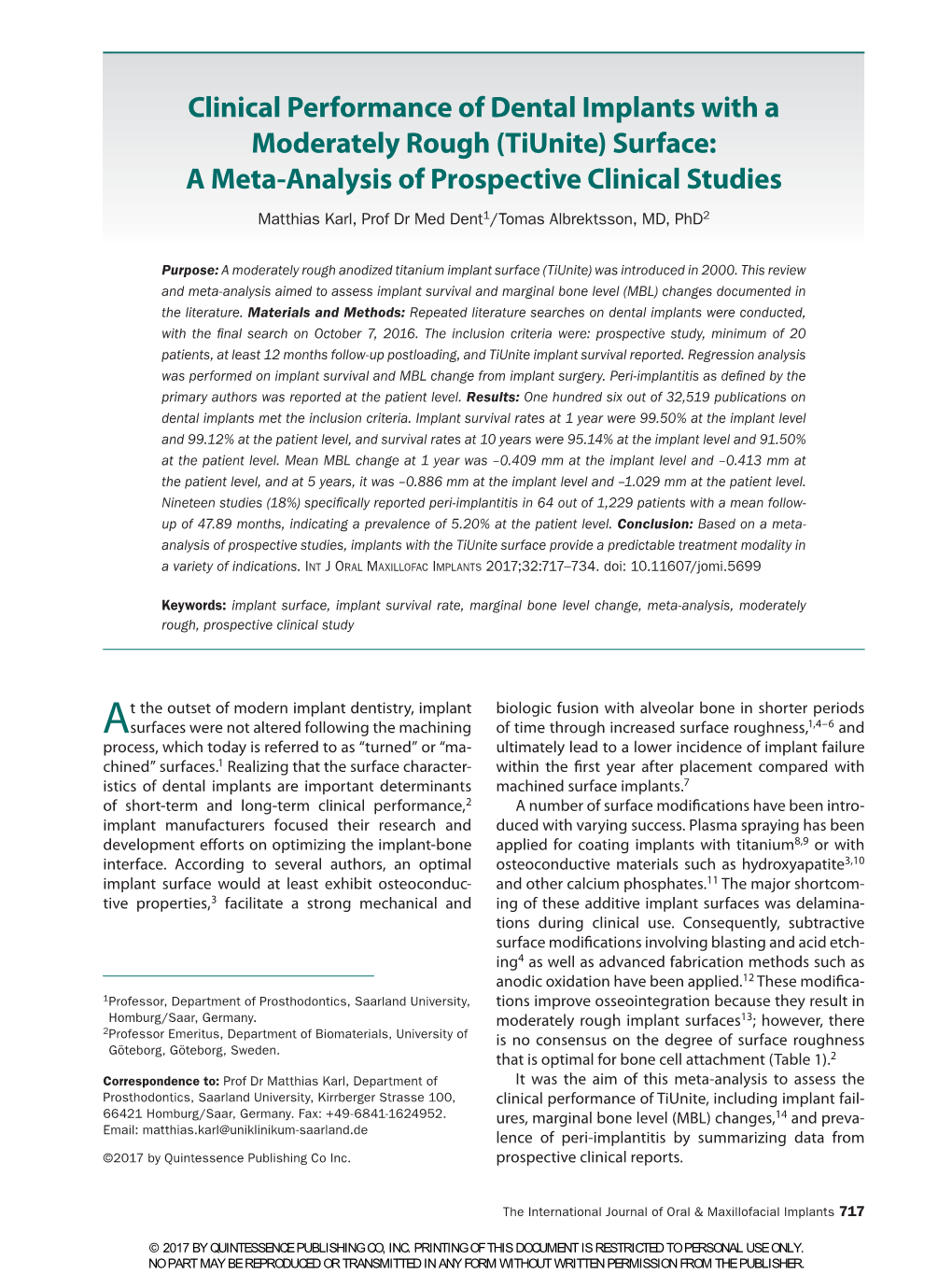 Tiunite) Surface: a Meta-Analysis of Prospective Clinical Studies