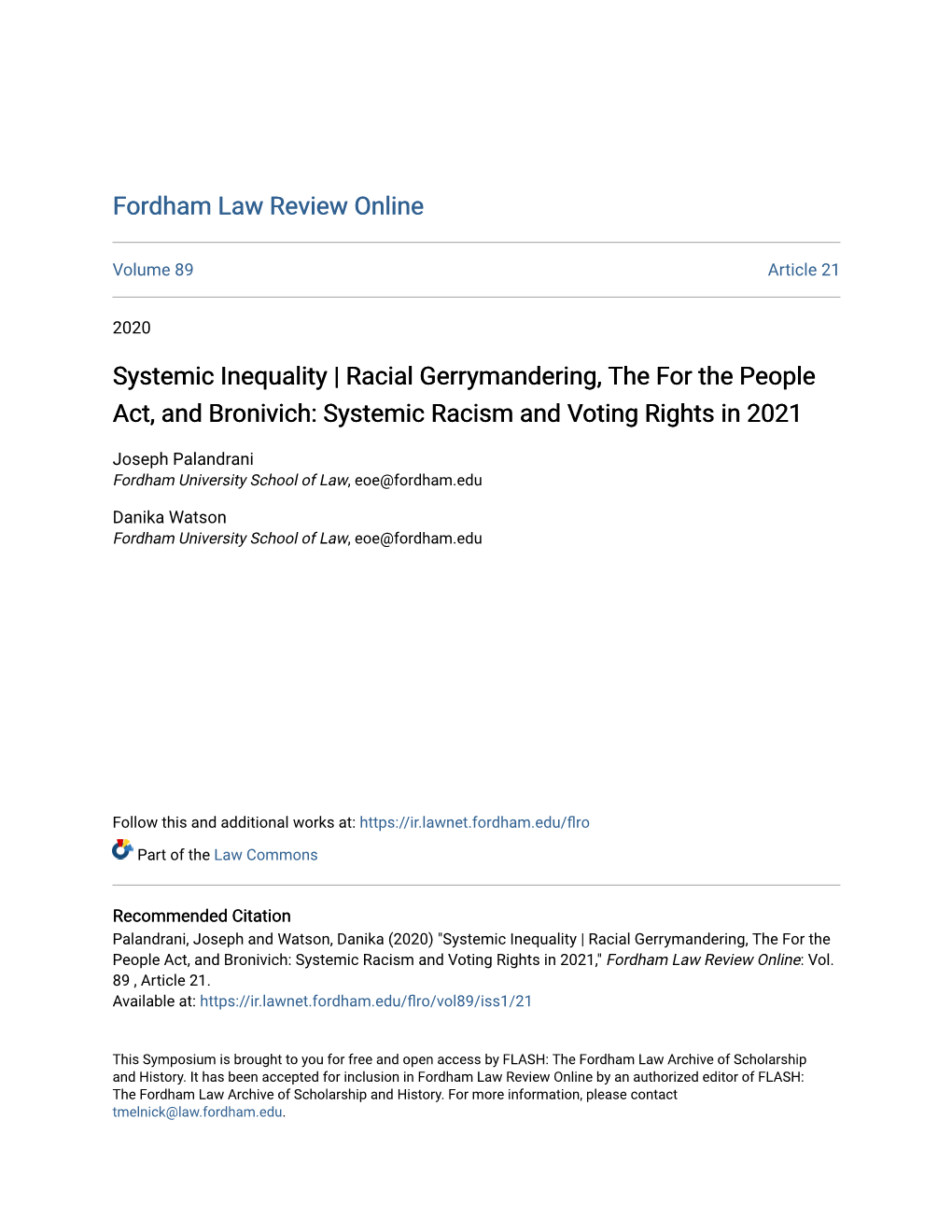 Racial Gerrymandering, the for the People Act, and Bronivich: Systemic Racism and Voting Rights in 2021