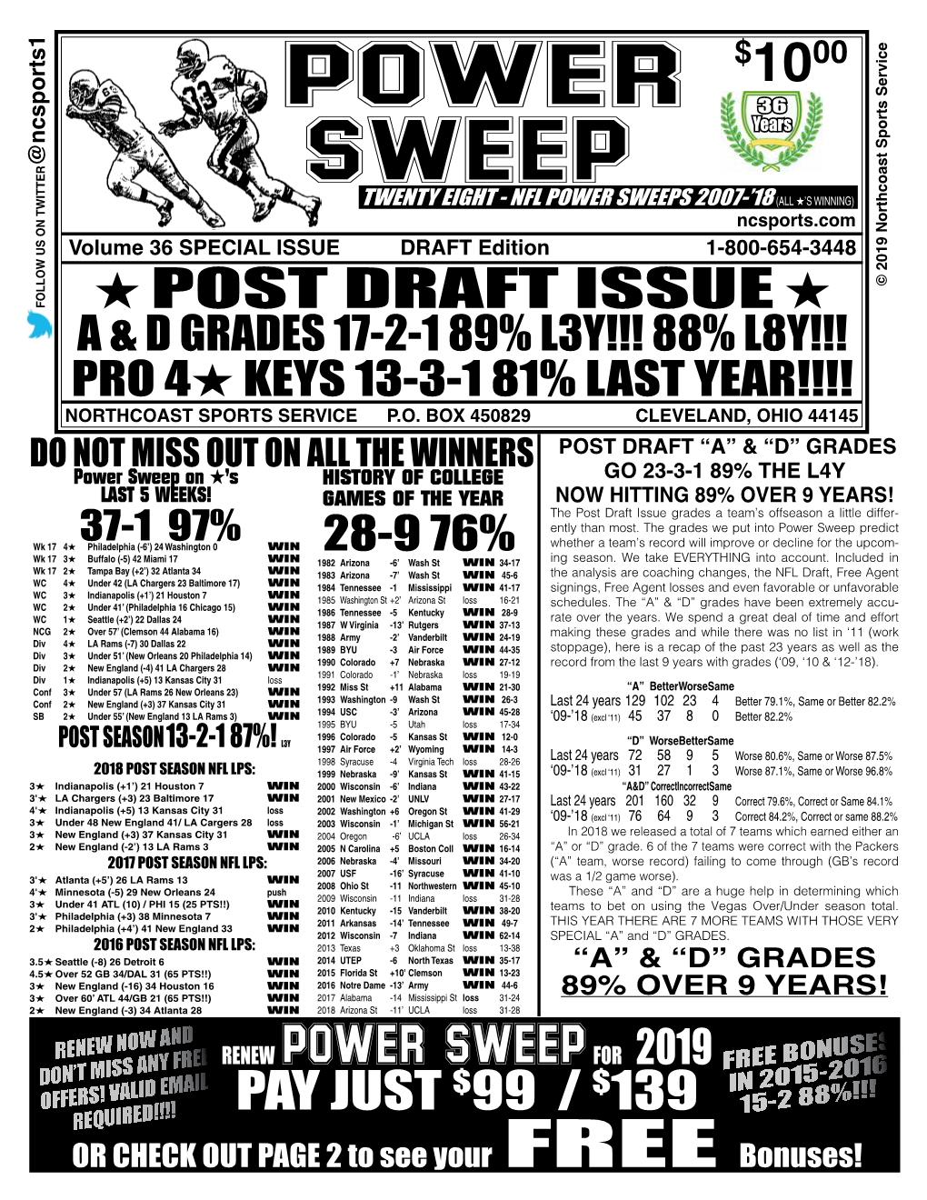 POWER SWEEPS 2007-’18 (ALL H’S WINNING) Ncsports.Com Volume 36 SPECIAL ISSUE DRAFT Edition 1-800-654-3448 © 2019 Northcoast Sports Service