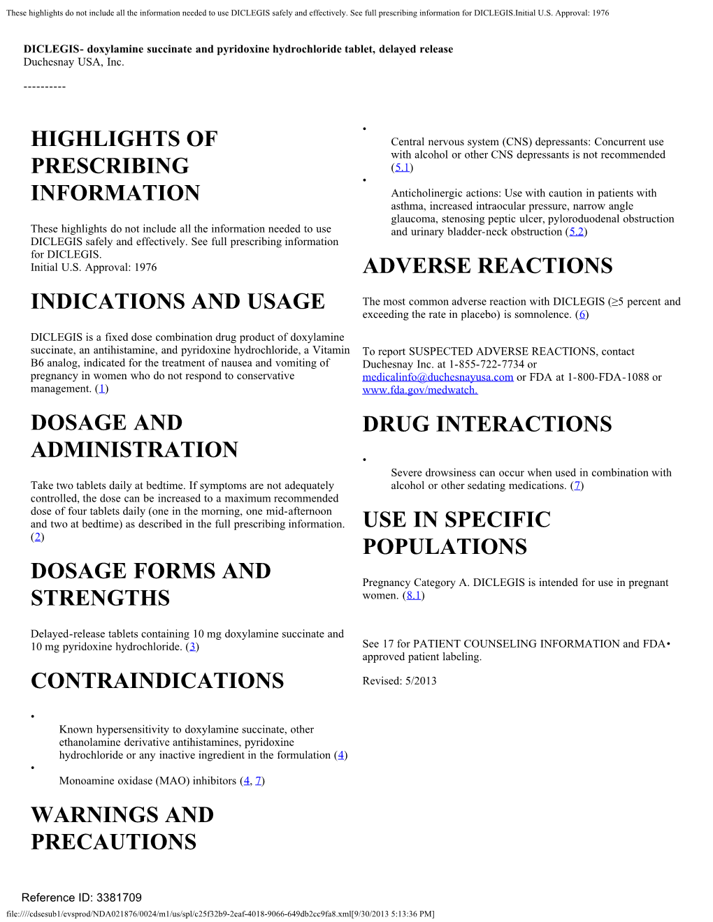 Diclegis (Doxylamine Succinate and Pyridoxine Hydrochloride) Tablet Label