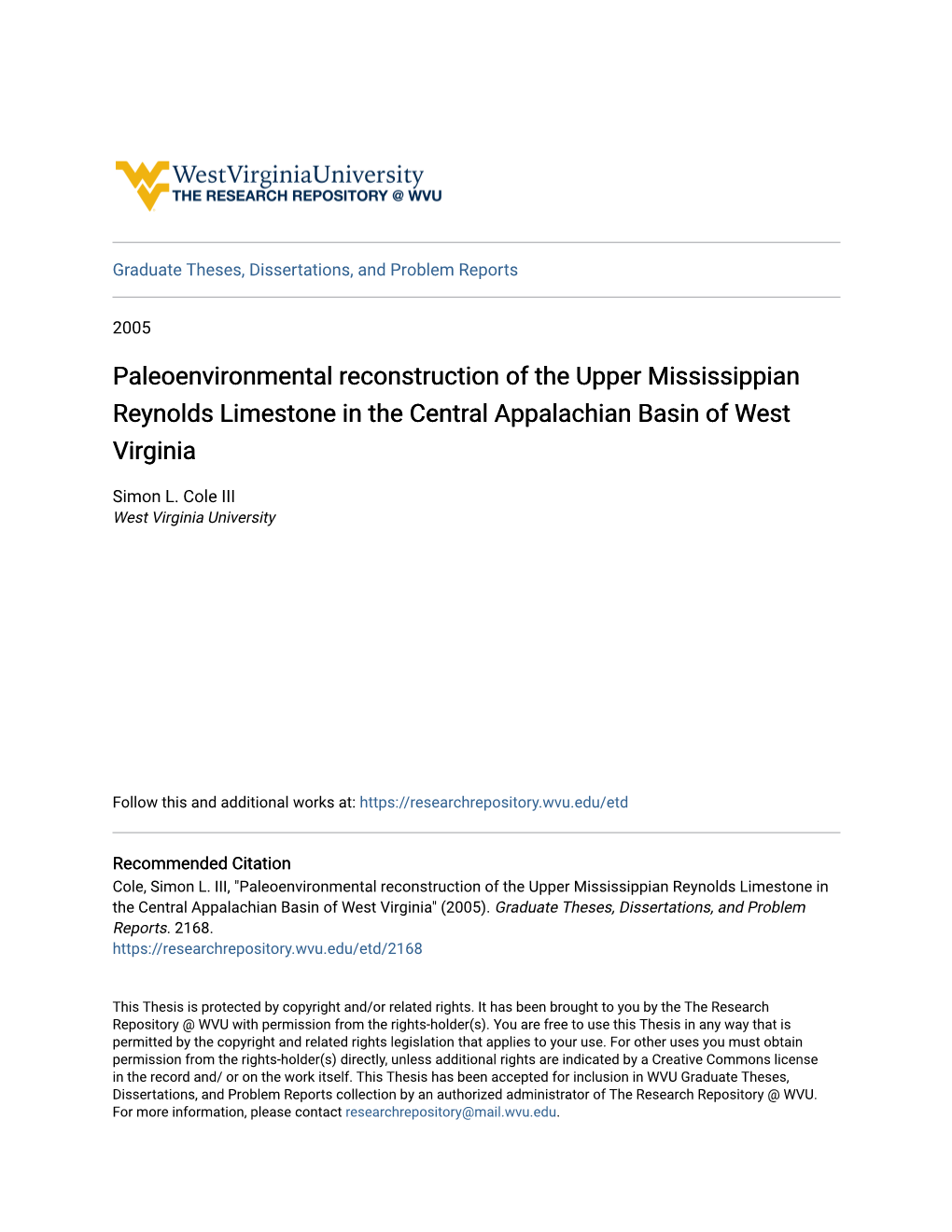 Paleoenvironmental Reconstruction of the Upper Mississippian Reynolds Limestone in the Central Appalachian Basin of West Virginia