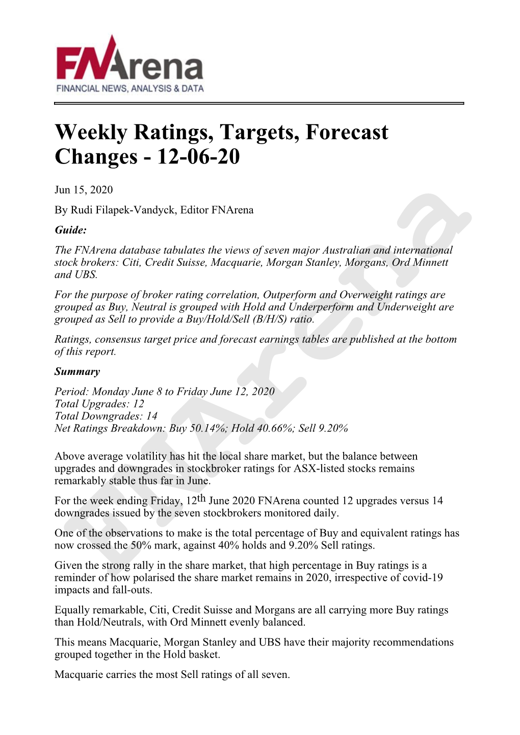 Weekly Ratings, Targets, Forecast Changes - 12-06-20