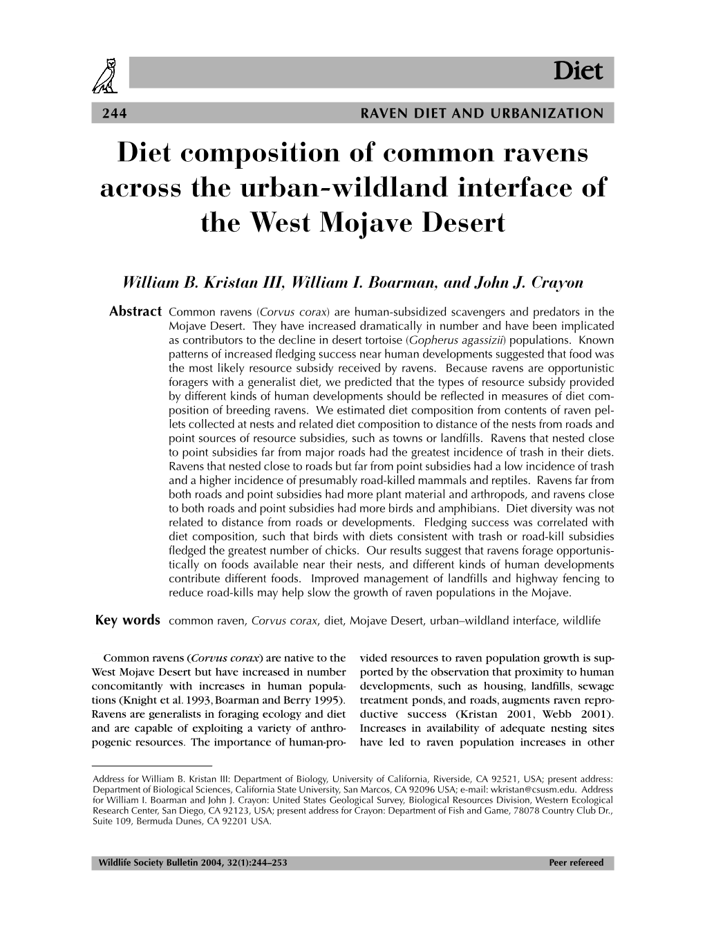 Diet Composition of Common Ravens Across the Urban-Wildland Interface of the West Mojave Desert