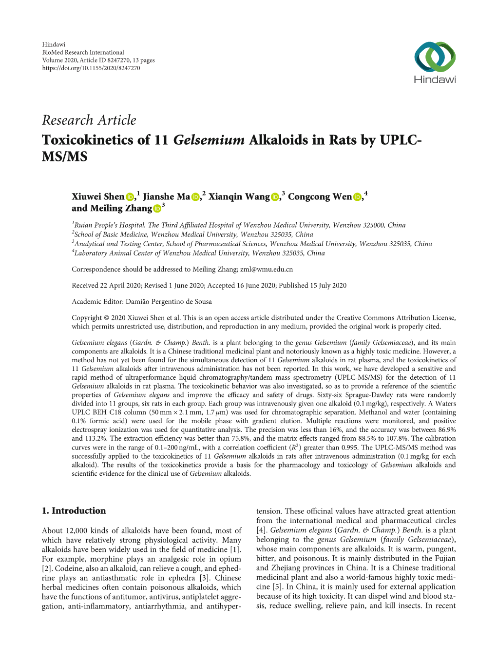 Toxicokinetics of 11 Gelsemium Alkaloids in Rats by UPLC-MS/MS