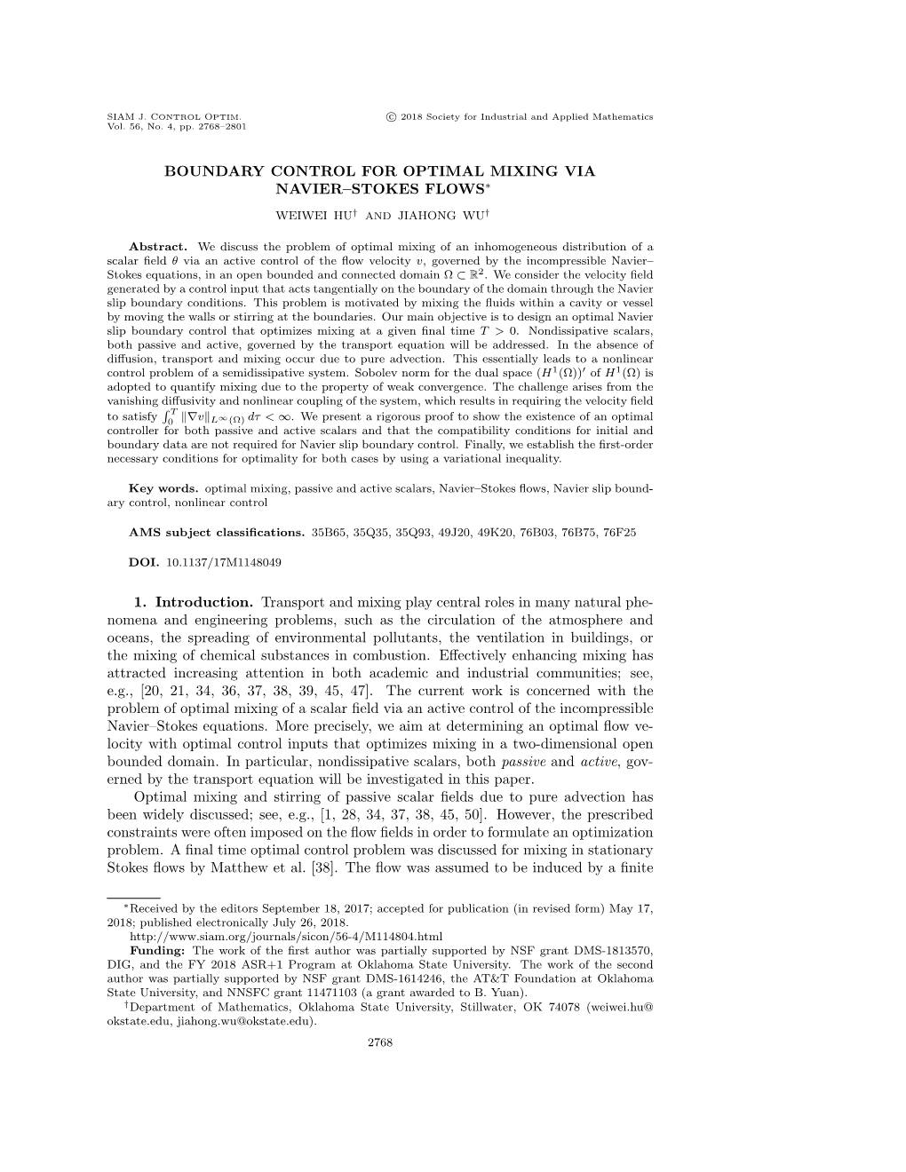 BOUNDARY CONTROL for OPTIMAL MIXING VIA NAVIER--STOKES FLOWS\Ast 1. Introduction. Transport and Mixing Play Central Roles In