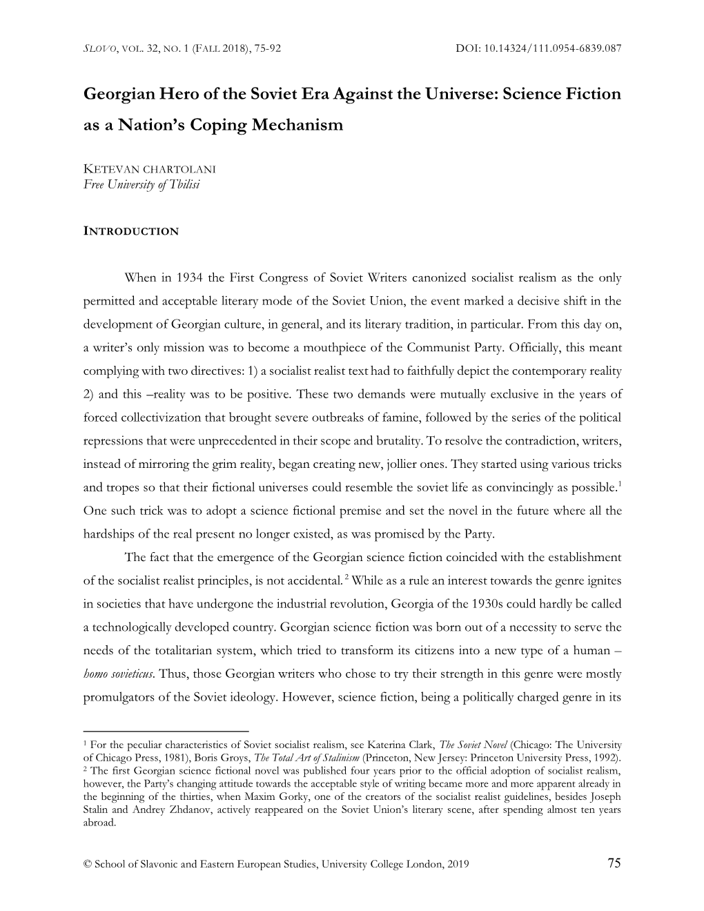 Georgian Hero of the Soviet Era Against the Universe: Science Fiction As a Nation’S Coping Mechanism