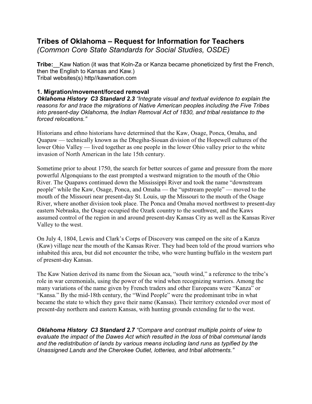 Tribes of Oklahoma – Request for Information for Teachers (Common Core State Standards for Social Studies, OSDE)