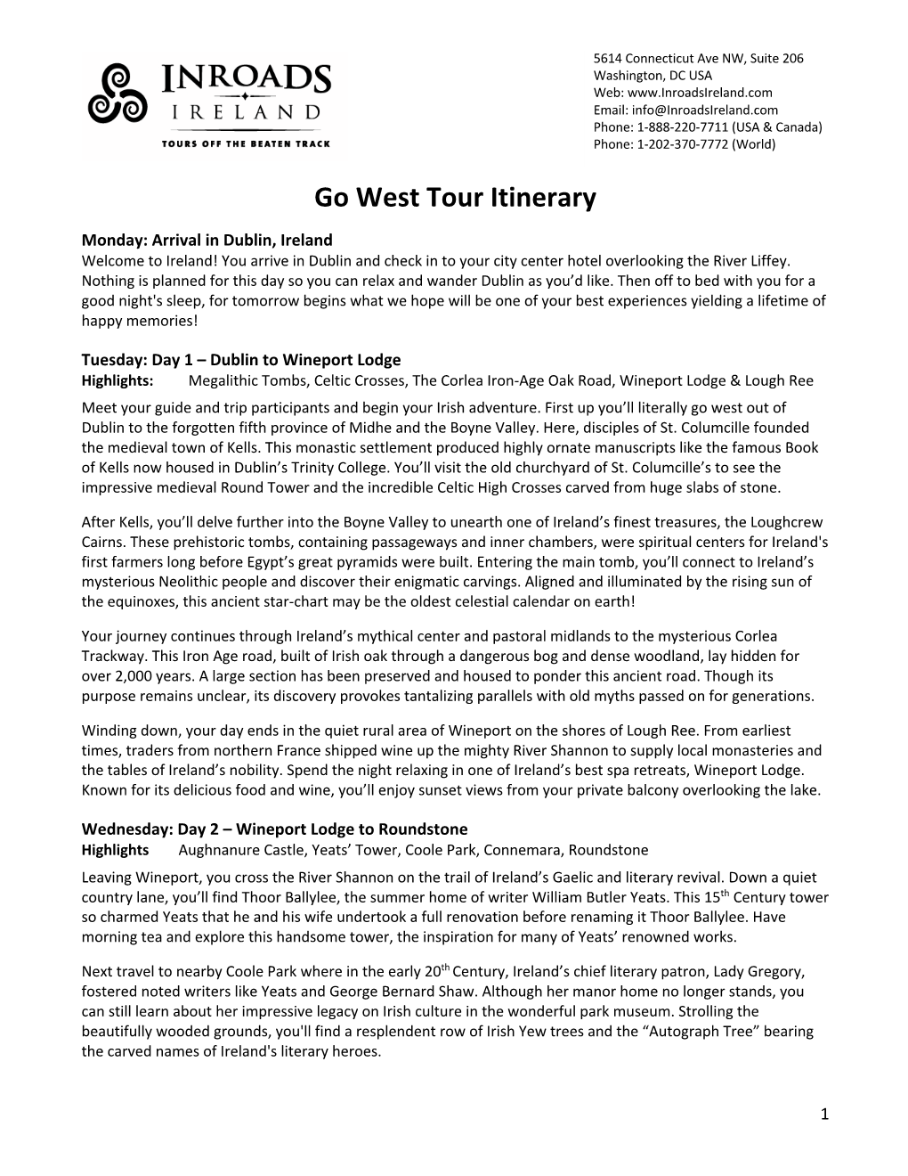 Go West Tour Itinerary