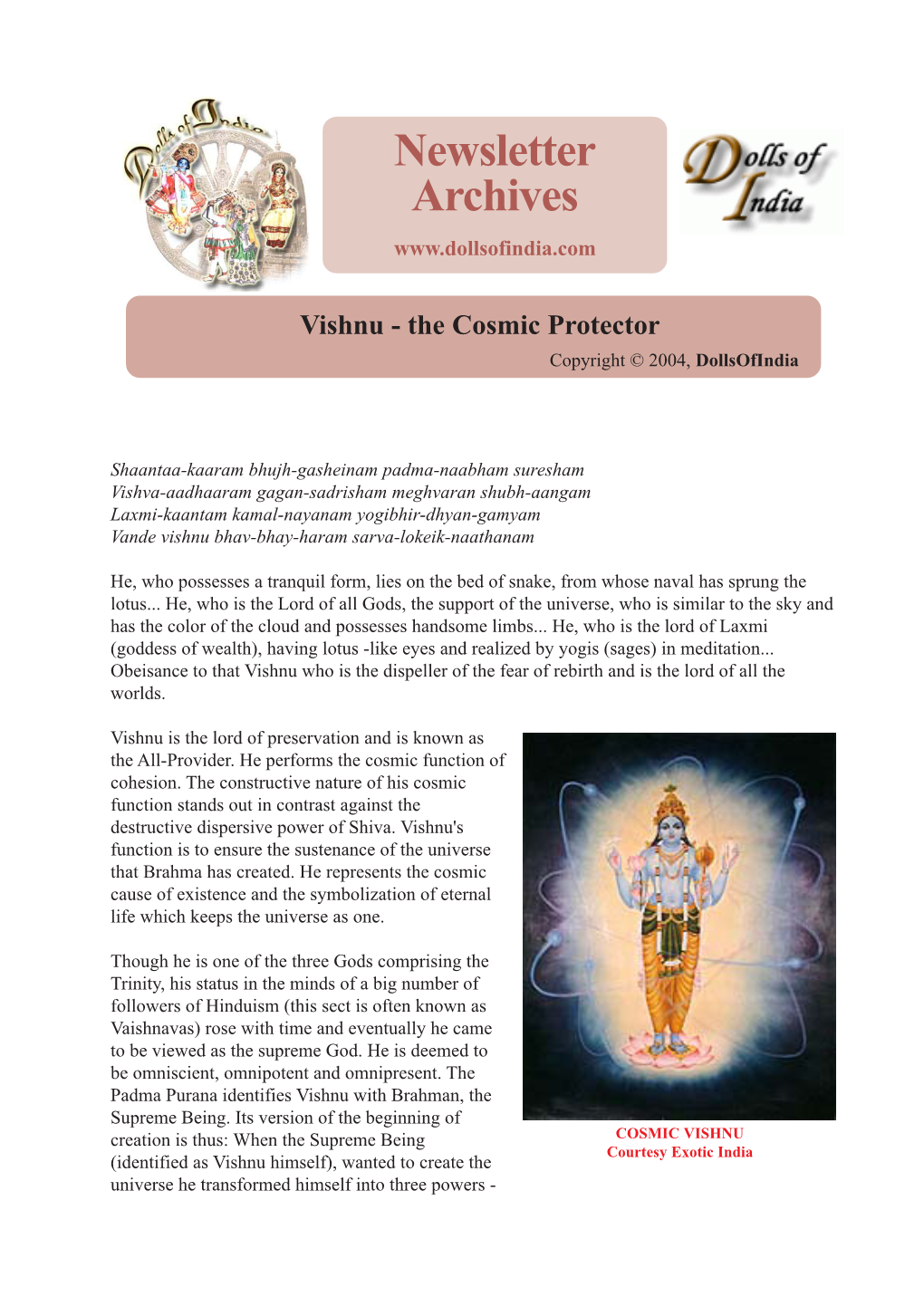 Vishnu - the Cosmic Protector Copyright © 2004, Dollsofindia