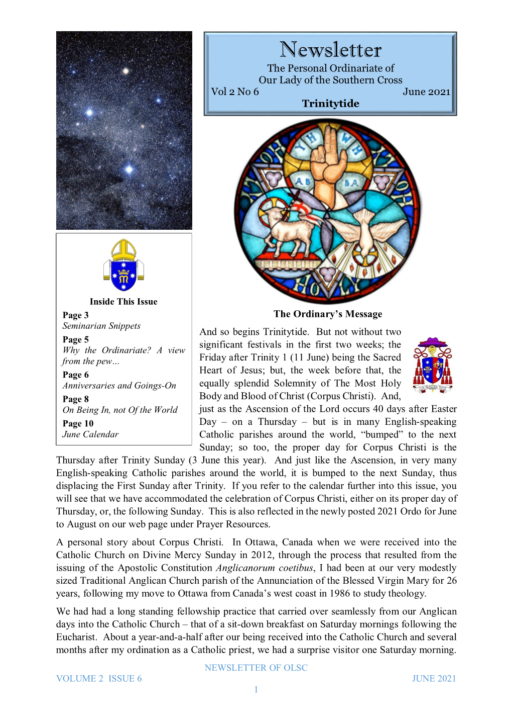 Newsletter the Personal Ordinariate of Our Lady of the Southern Cross Vol 2 No 6 June 2021 Trinitytide