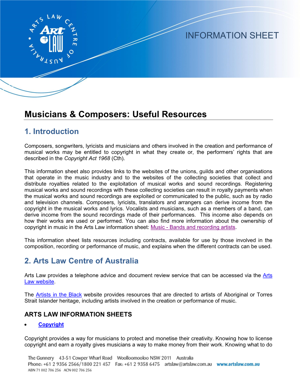 INFORMATION SHEET Musicians & Composers: Useful Resources
